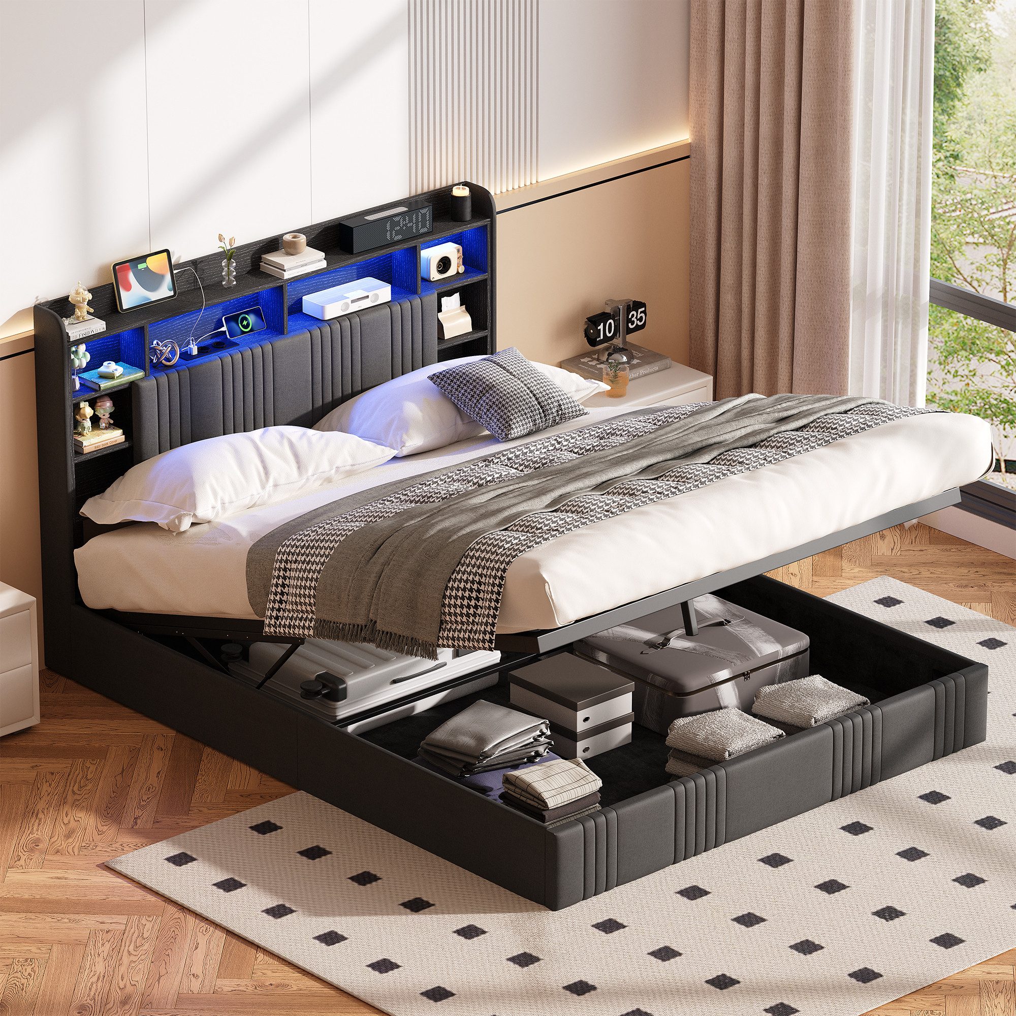 zebery Polsterbett 140x200 Doppelbett LED Hydraulisch anhebbarer Stauraumbett, Modernes Jugendbett 140x200cm mit USB&Type-C,Grau