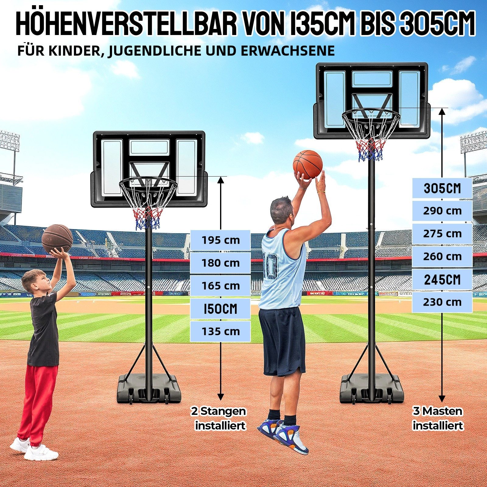 TLGREEN Basketballkorb Outdoor-Basketballkorb, (Korbhöhe Verstellbar von 135 bis 305 cm, mit 110 x 71 cm Rückwand)