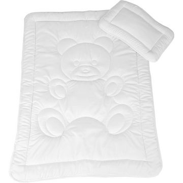 Bettdecke + Kopfkissen, Bestgoodies, Füllung: Polyester Klimafaser, Bettenset für Kinder, Bettdecke 100x135cm + Kopfkissen 40x60cm, Kinderdecke Kinderkissen, Baby Betten Set mit Bärchen-Steppung