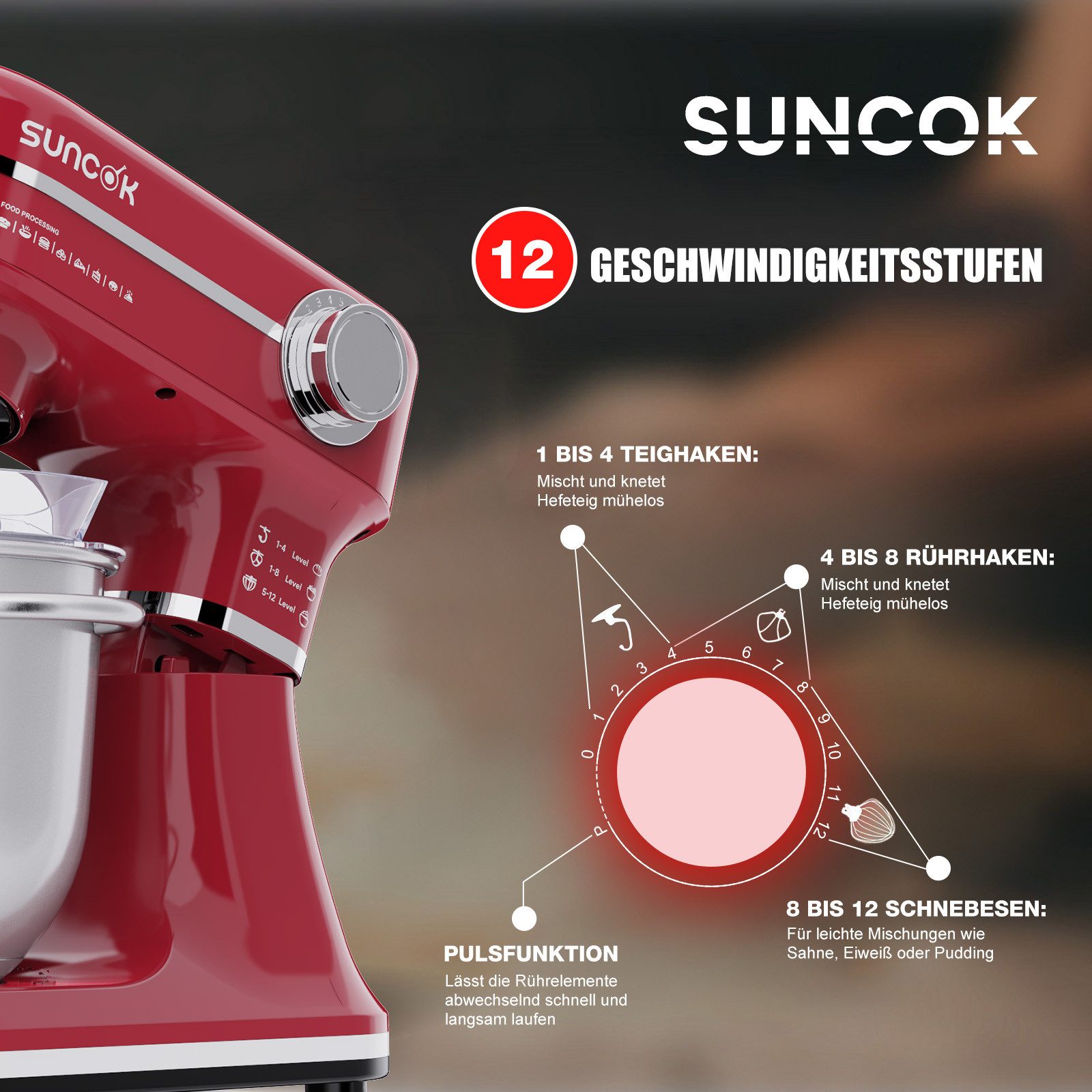 SUNCOK Küchenmaschine Multifunktionale Knetmaschine, 12-Geschwindigkeit, 59 Dezibel. geeignet zum Backen und Kneten von Teig, 1500 W, Elektrische Küchenmaschine,mit 2 Edelstahl-Rührschüsseln 4,5 und 5,5l