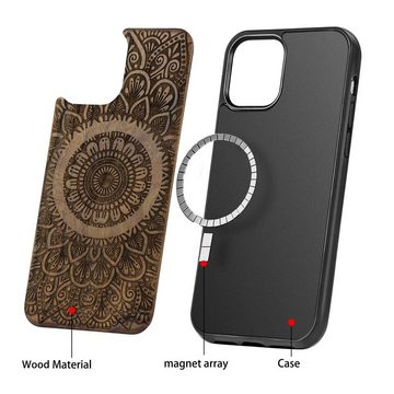 Wigento Smartphone-Hülle Holzfurnier Mandala geprägte Magsafe Hülle Handy Tasche Wahlnuss für Apple iPhone 12 / 12 Pro 6.1 Zoll
