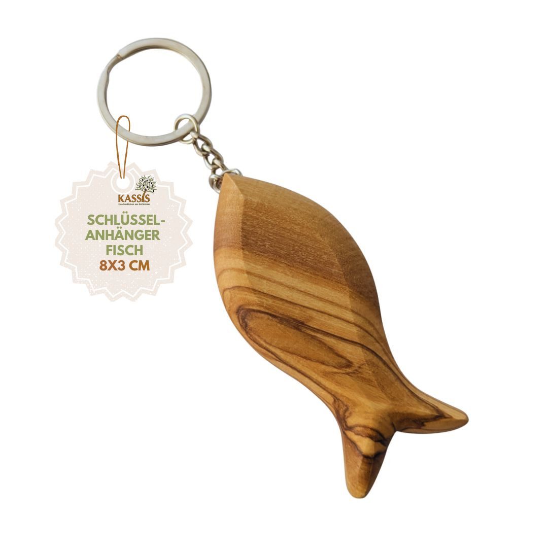 Kassis Geschenkartikel Schlüsselanhänger Olivenholz Schlüsselring Fisch Handschmeichler Glücksbringer Talisman, handgefertigt in Bethlehem, Geschenk zu mehreren Anlässen