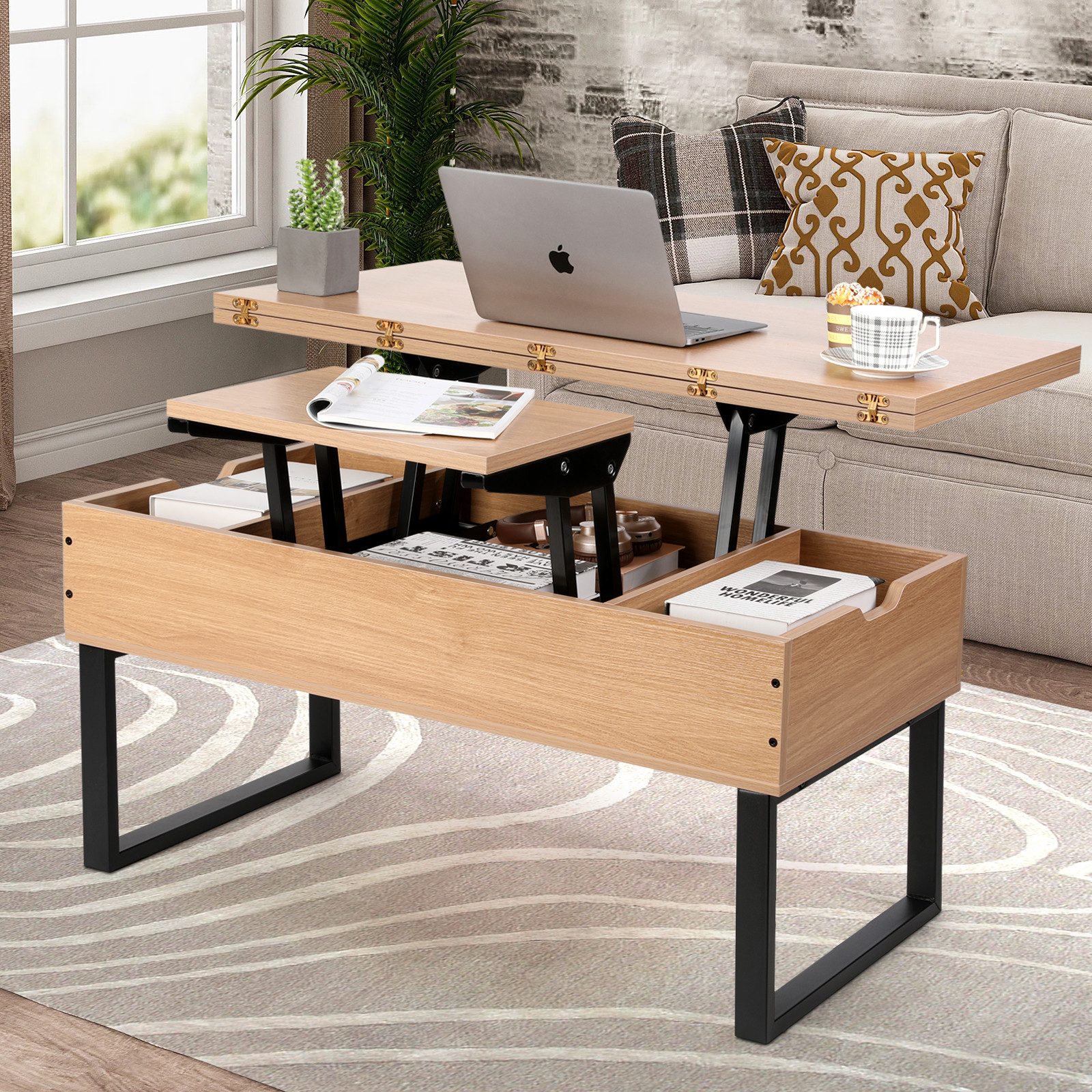 VOWNER Couchtisch Höhenverstellbarer, 3-in-1 Mehrzweck-Wohnzimmertisch, Holzfarbe