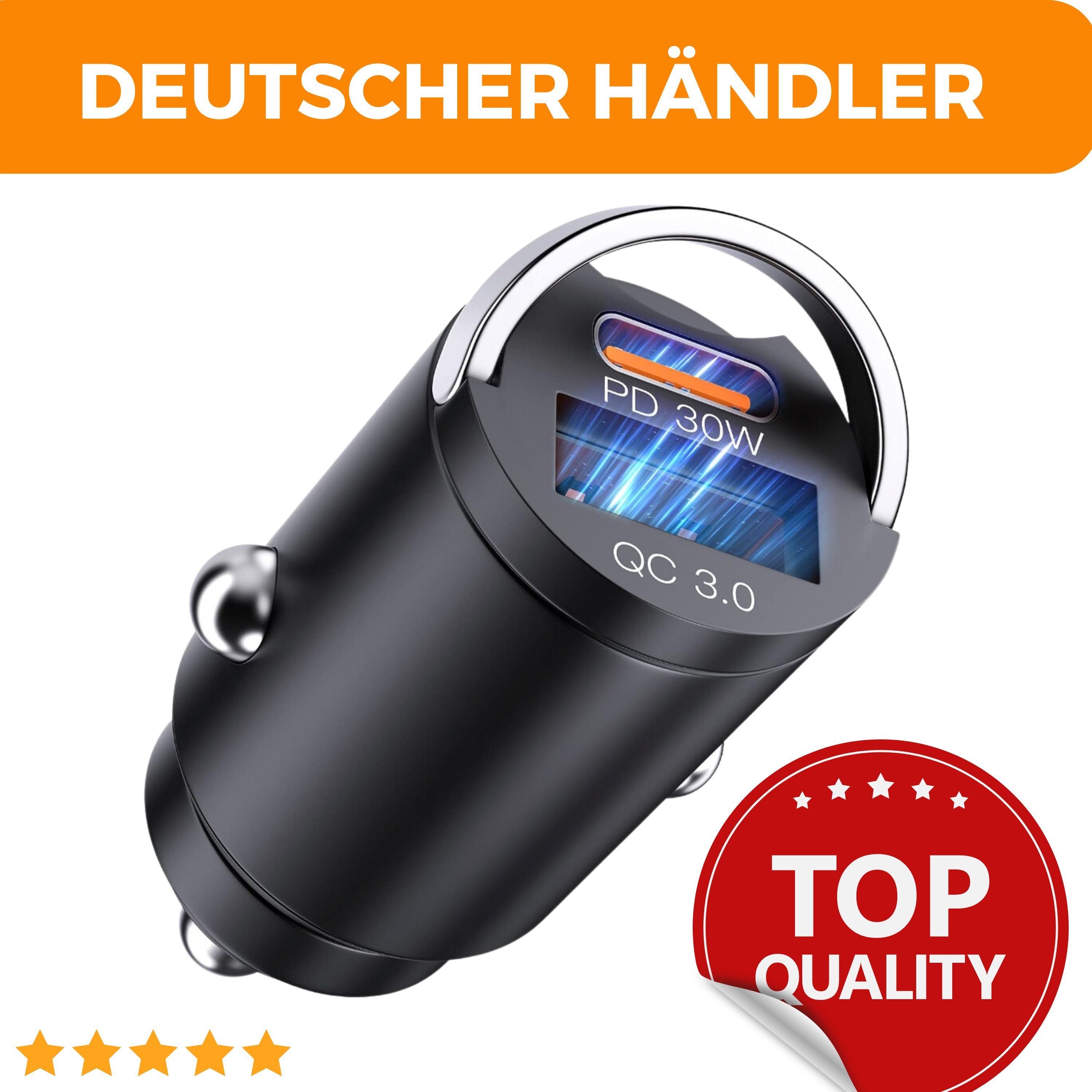 Shopbrothers Auto Schnellladegerät 30W KFZ Zigarettenanzünder KFZ-Adapter USB-C Smartphone-Ladegerät (1-tlg., 2 Port Ladegerät für das Auto)
