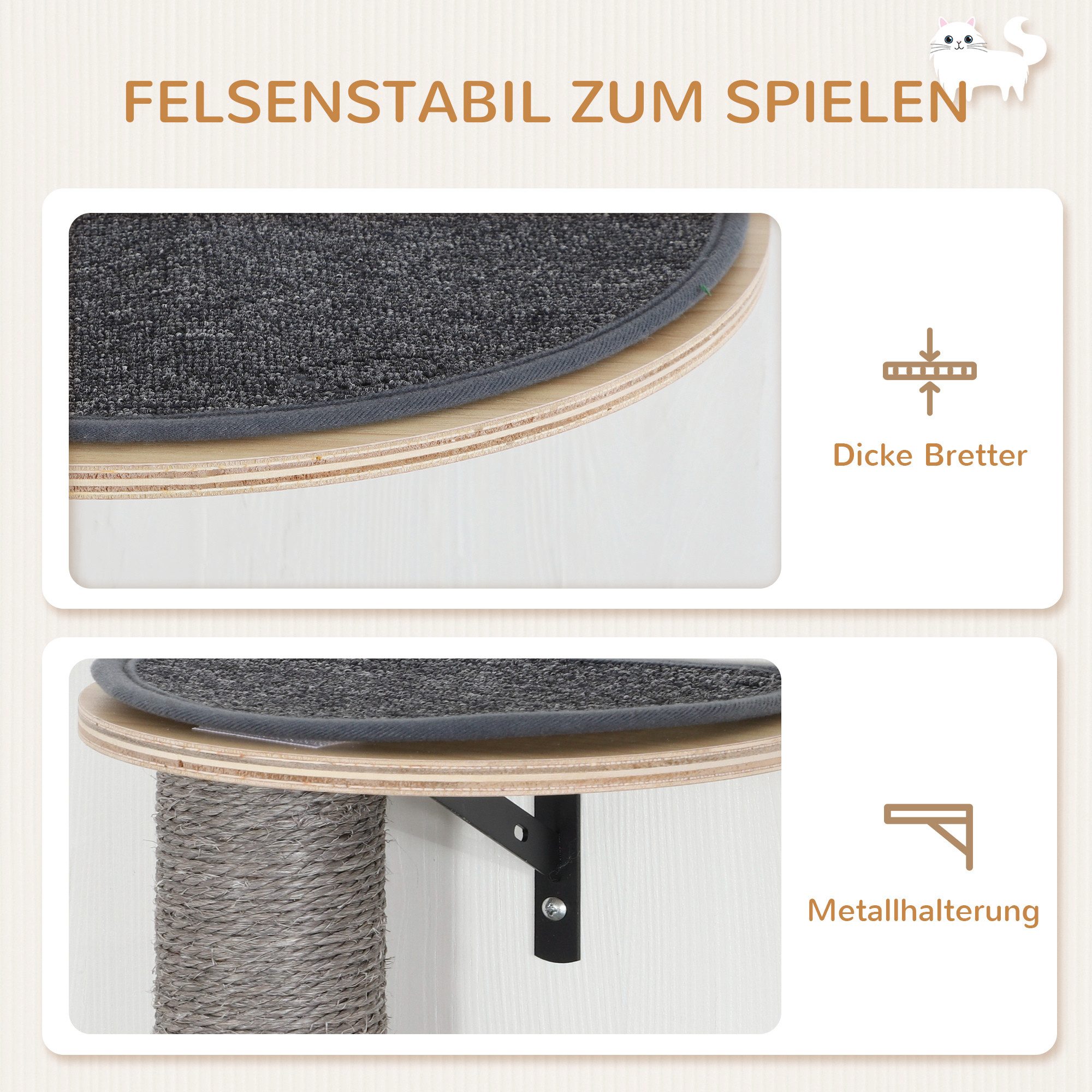 PawHut Katzen-Kletterwand 7-teilig, mit Sisalpfostenleiter, Plattform, Kratzbrett, Höhle, für Katzen bis zu 5 kg, Grau