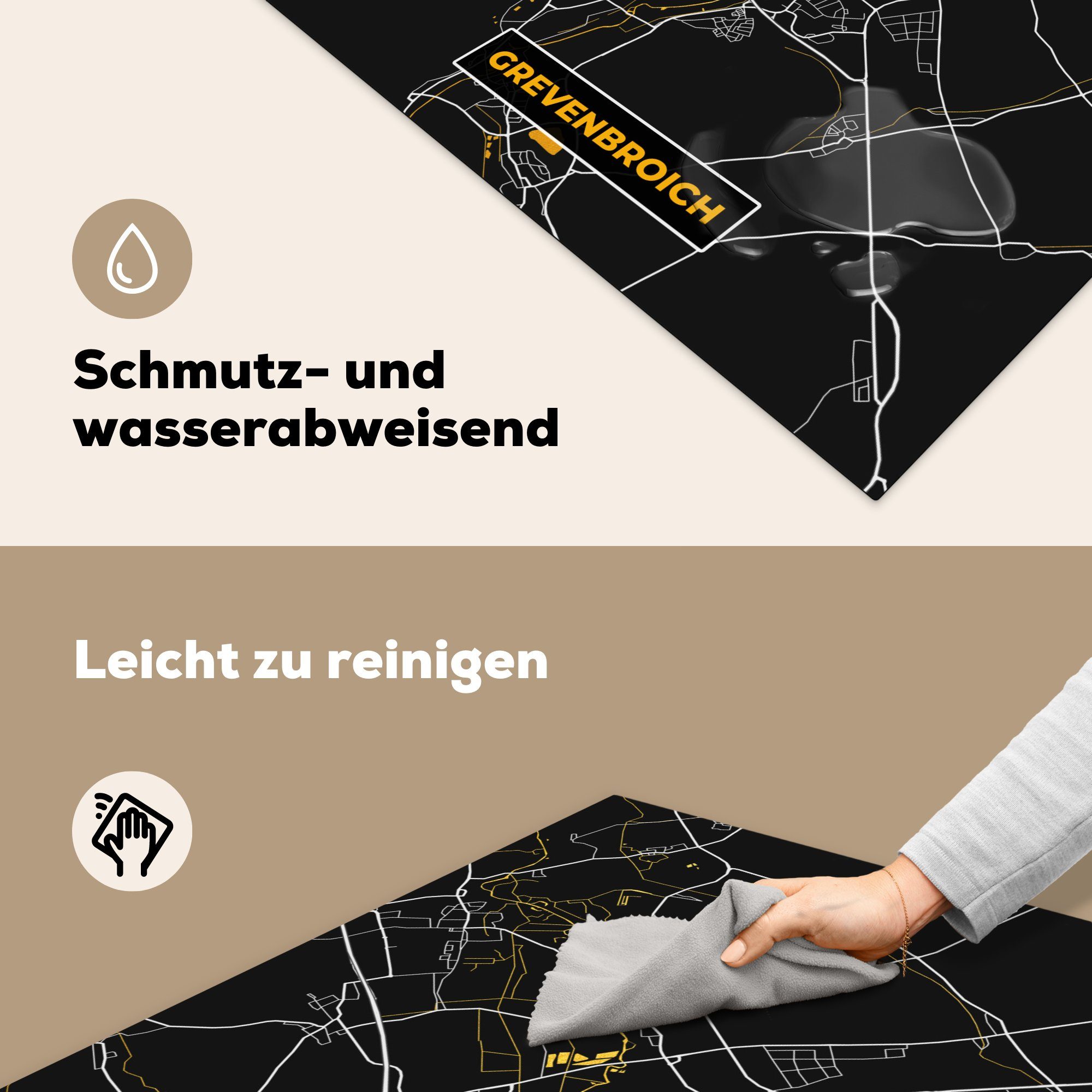 MuchoWow Karte, - (1 Schwarz Deutschland Ceranfeldabdeckung, Stadtplan Arbeitsplatte Grevenbroich Vinyl, küche 78x78 und - - Herdblende-/Abdeckplatte cm, - Gold für tlg),