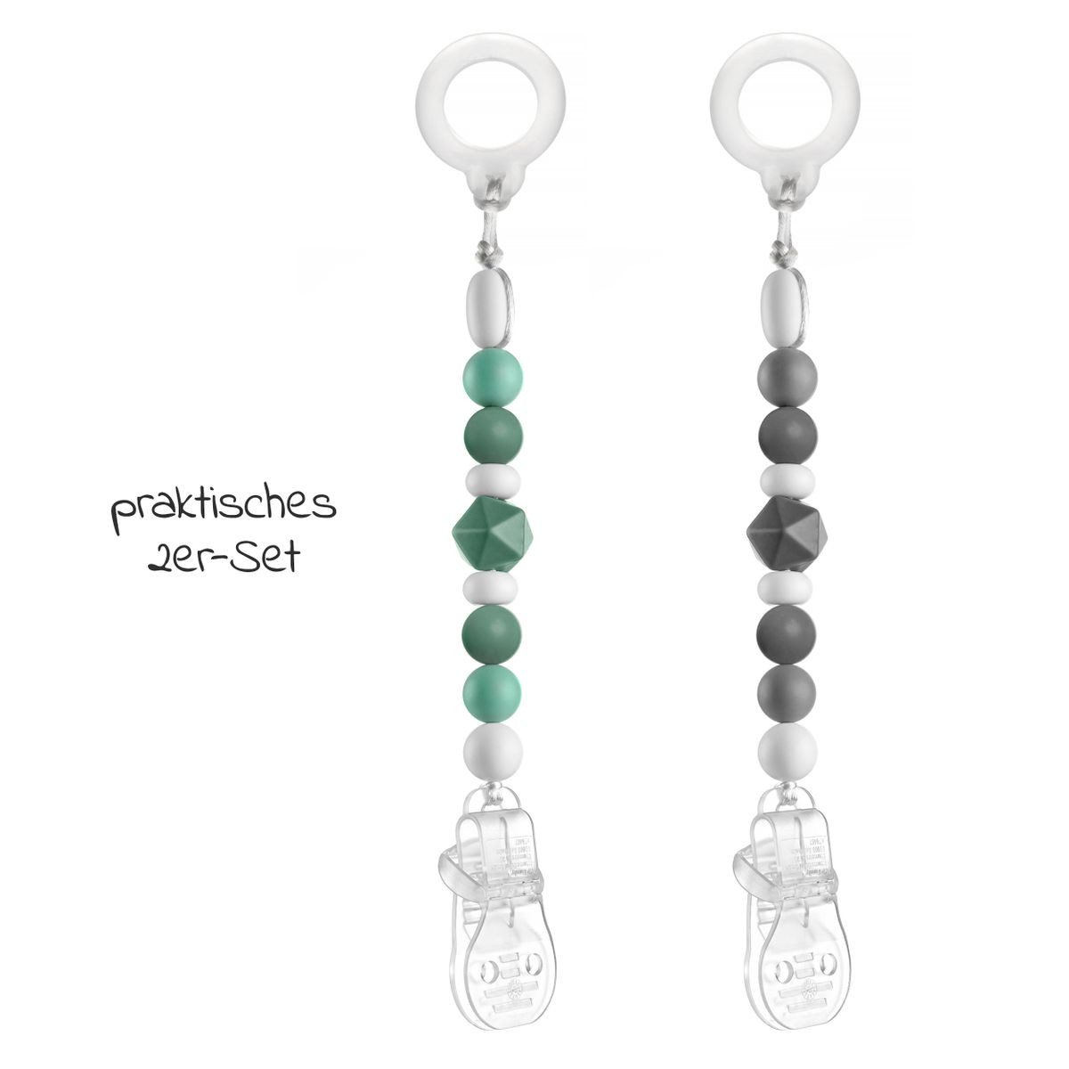 MiaMia Schnuller Grau Grün, 2x Schnullerkette Schnullerband mit Silikon Perlen, Gummiring & Clip