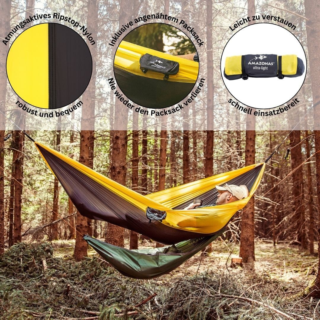 Amazonas Hängematte Ultra-Light Adventure Hammock: Leichtgewichtiges Outdoor-Erlebnis (Packmaß ca. 18 x 6 cm), nur 180 g