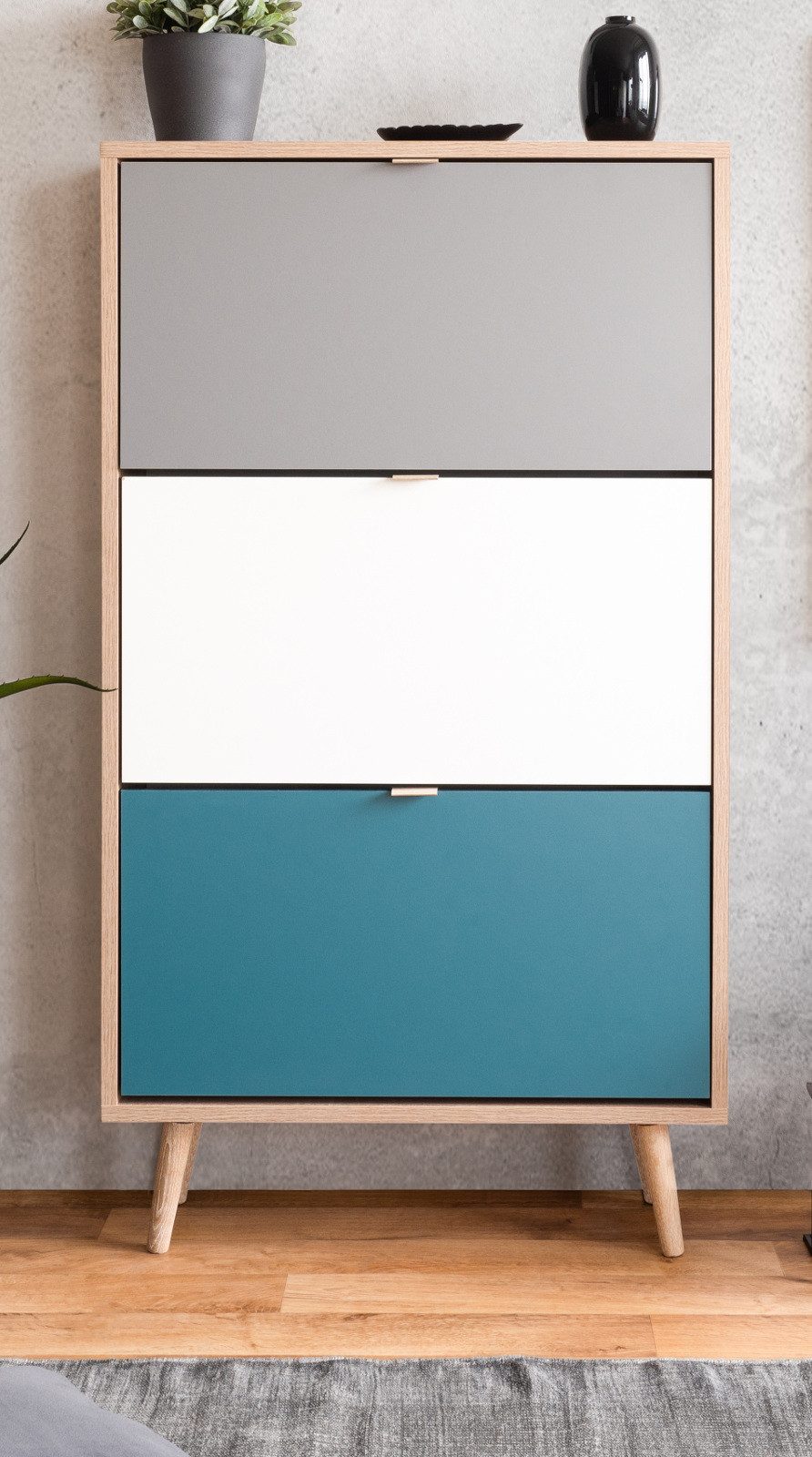 Furn.Design Schuhkipper Colory (Schuhschrank in Sonoma Eiche hell mit Petrol, Weiß und Grau, 70x 125 cm), skandinavisches Design