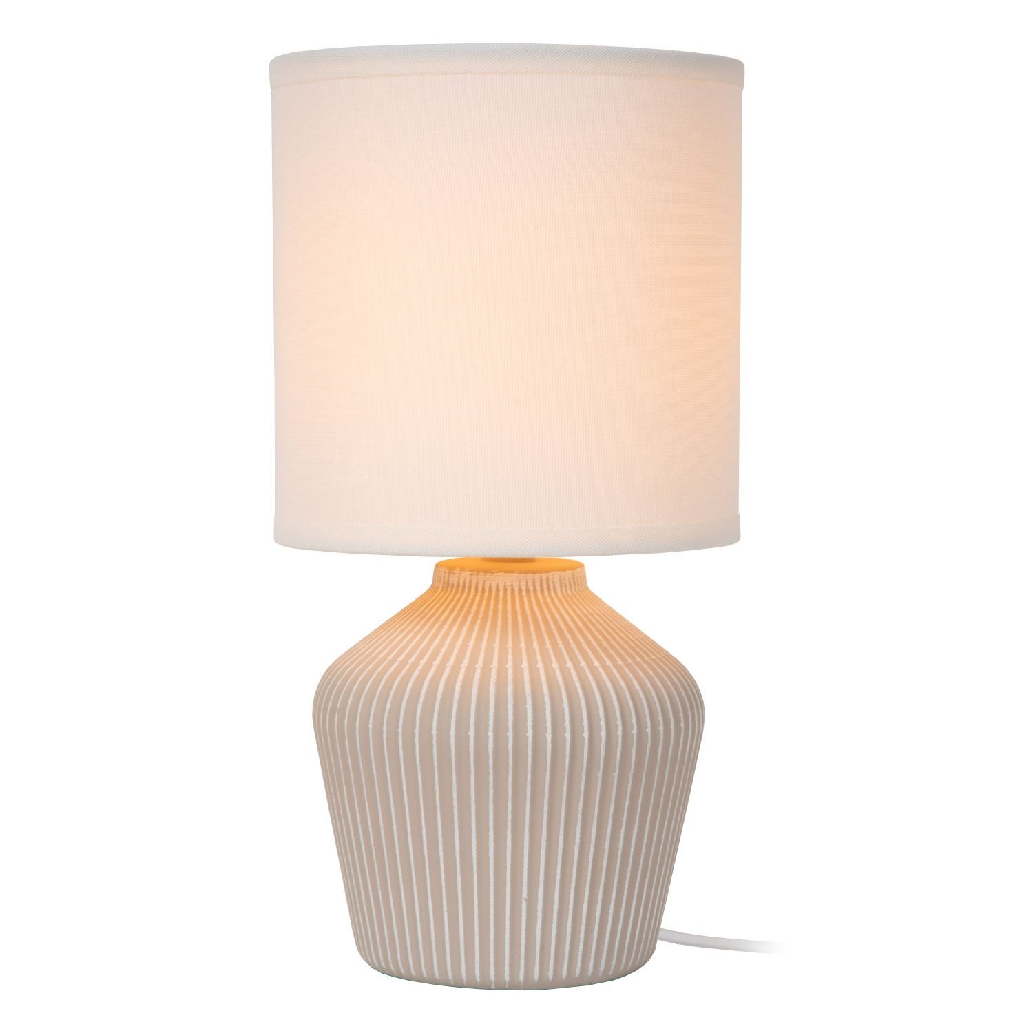 Licht-Erlebnisse Tischleuchte DRUBE, ohne Leuchtmittel, Keramik Stoff E14 Ø 16 cm 31.5 cm hoch Beige Weiß rund Landhausstil