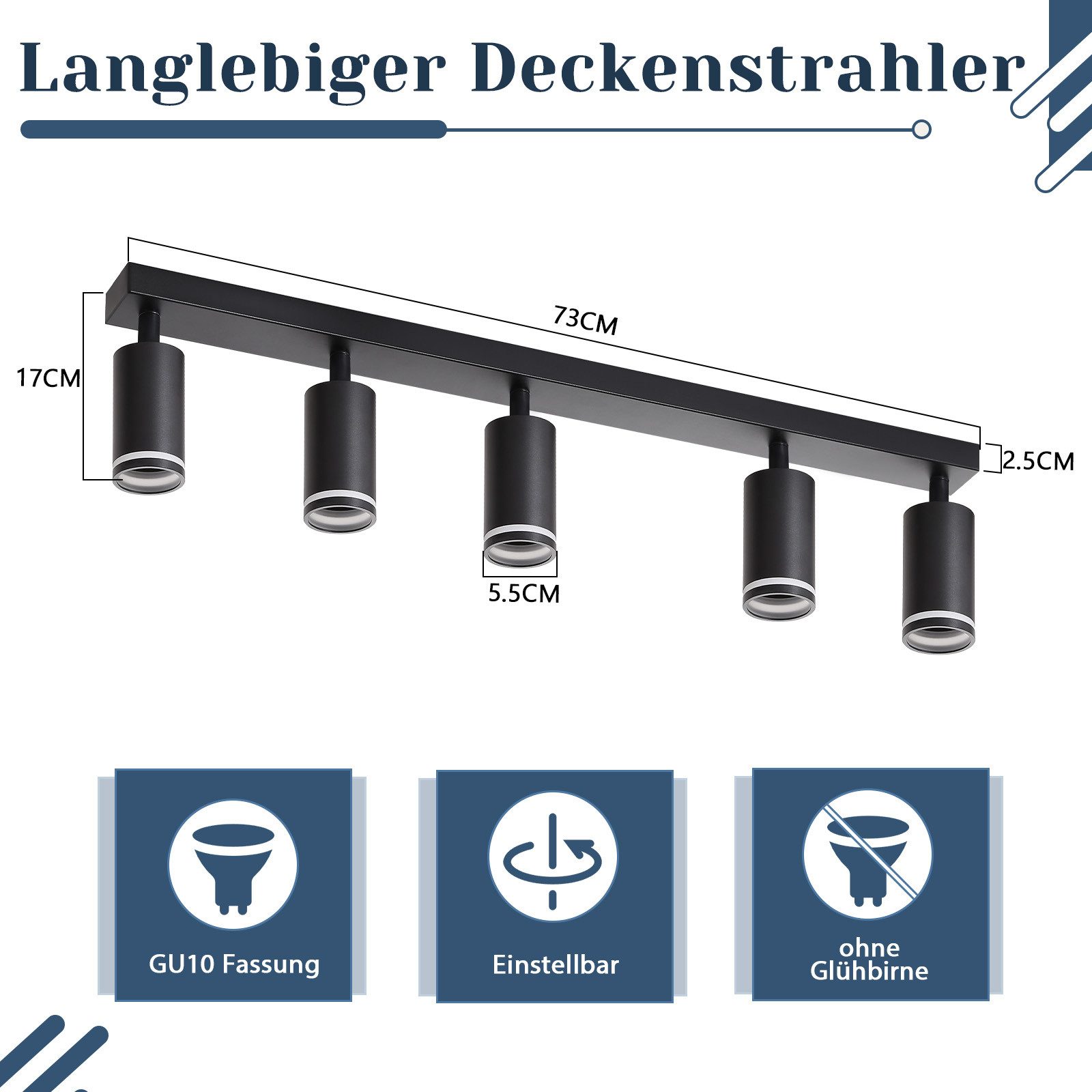 ZMH Deckenstrahler 5 Flammig Schwarz/Weiß GU10 Spots Deckenlampe für Schlafzimmer, Große Anwendungsbereichen, ohne Leuchtmittel, Flurlampe Einstellbar Innen Deckenspots Küche