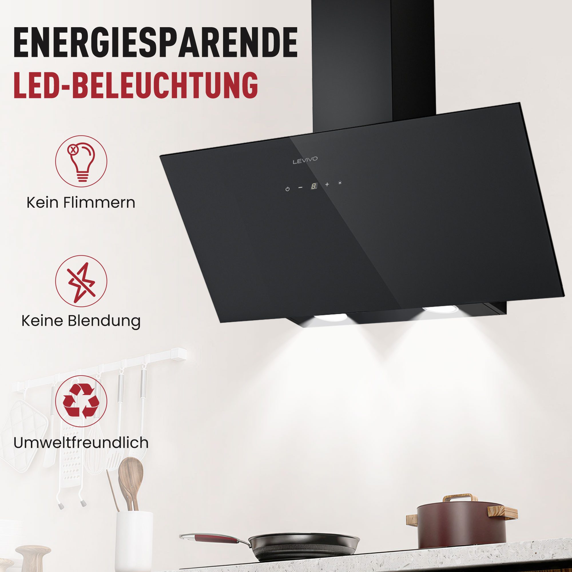 Levivo Kopffreihaube A+++ 420 m³/h Dunstabzugshaube 60cm Umluft & Abluft Aktivkohlefiltern, Fettfiltern, LED-Beleuchtung