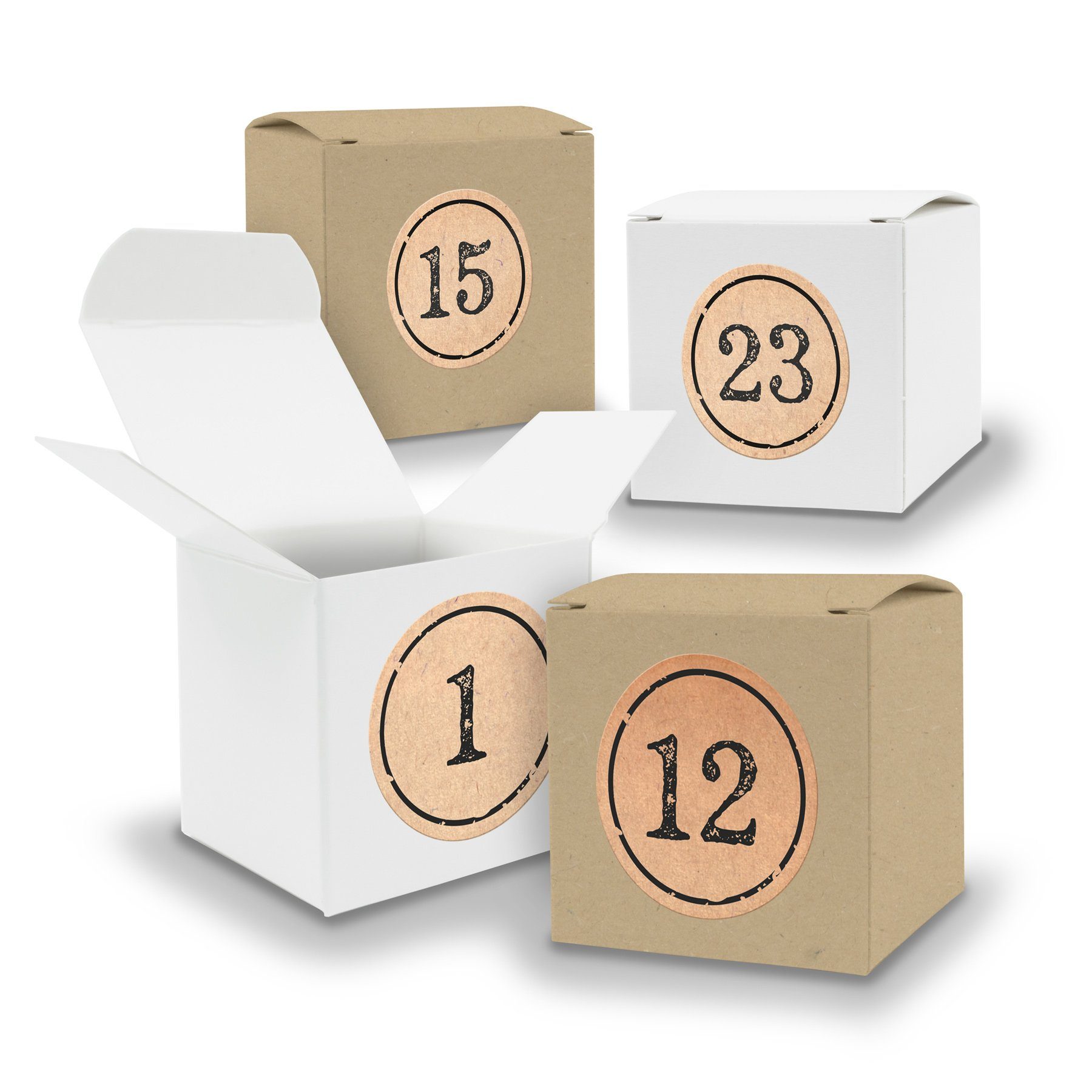 itenga befüllbarer Adventskalender Adventskalender zum Füllen 24x Würfel 6,5cm gemischt WEISS BRAUN + Sti