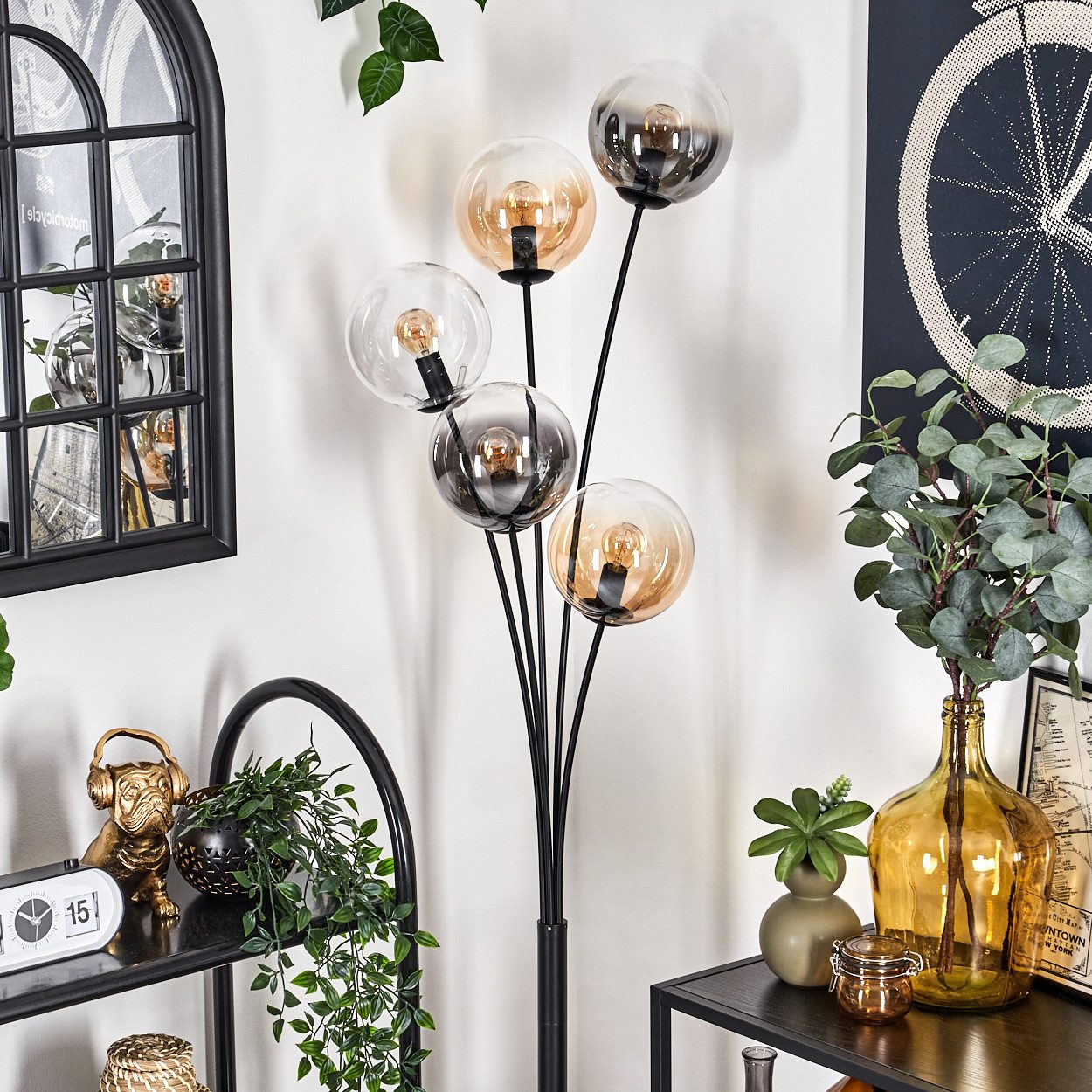 hofstein Stehlampe Stehlampe aus Metall/Glas in Schwarz/Bernstein/Rauch/Klar, ohne Leuchtmittel, Leuchte mit Glasschirmen(15cm), Schalter, 5xE14, ohne Leuchtmittel