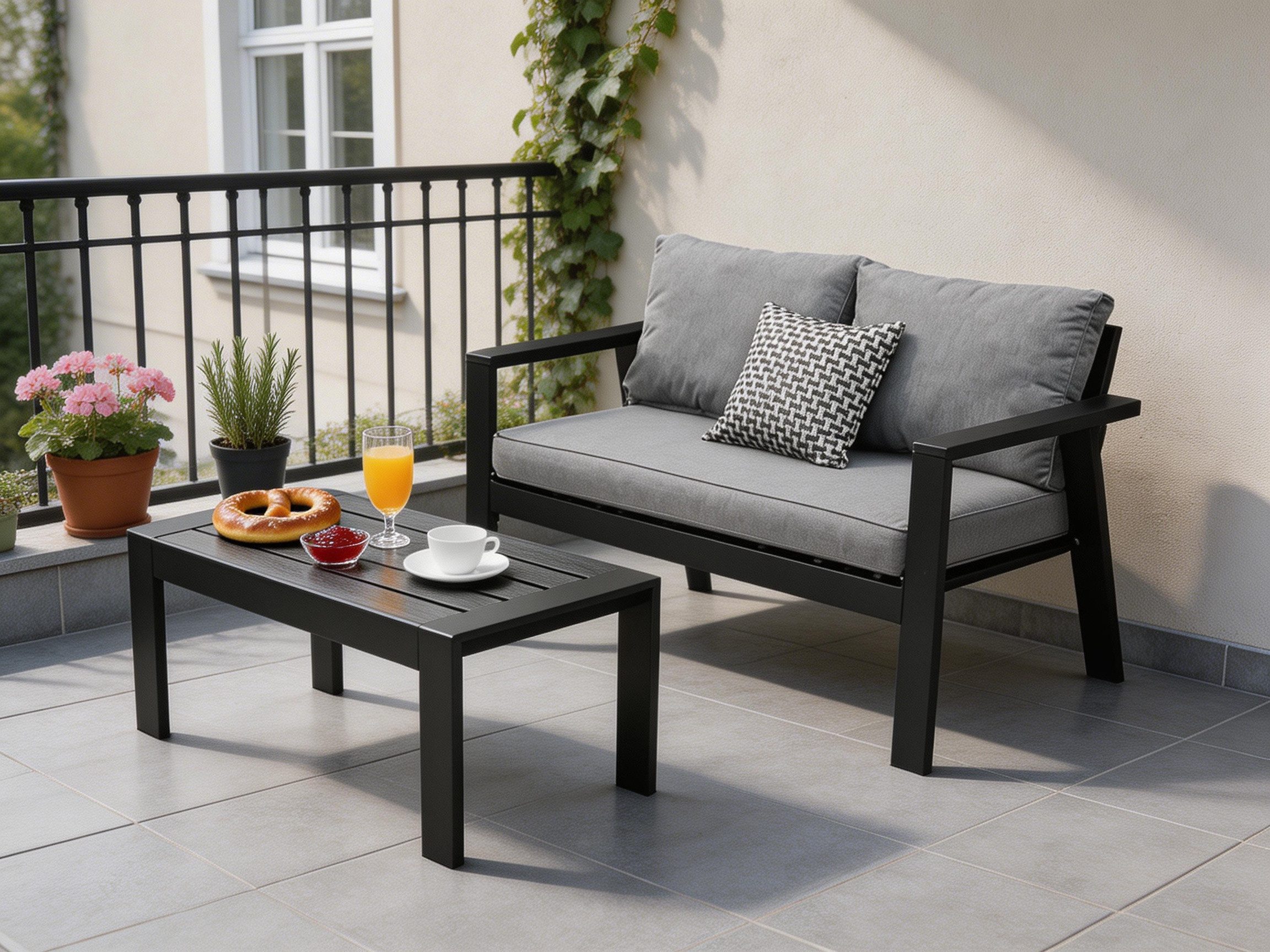 MeXo Gartenlounge-Set Aluminium Balkonmöbel Set Wetterfest, (Einteiliges Premium Sitzkissen 10cm, 2-tlg., Loungetisch 100x50cm), Balkon Lounge Set klein, Balkonsofa 2 Sitzer