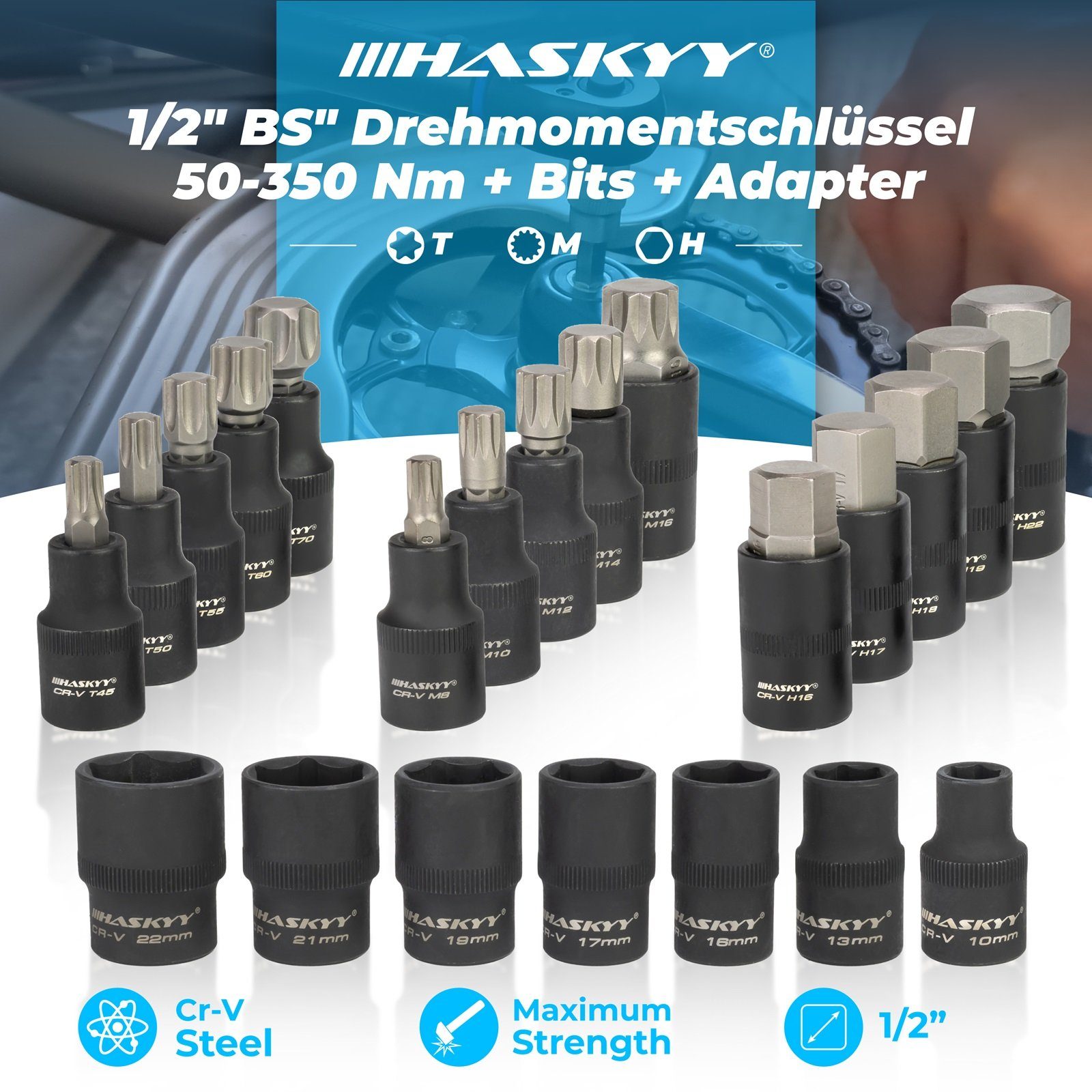 HASKYY Drehmomentschlüssel Drehmomentschlüssel 1/2" 50-350Nm Set mit Bits Nuss Einsätzen Adapter – Bild 4 von 5