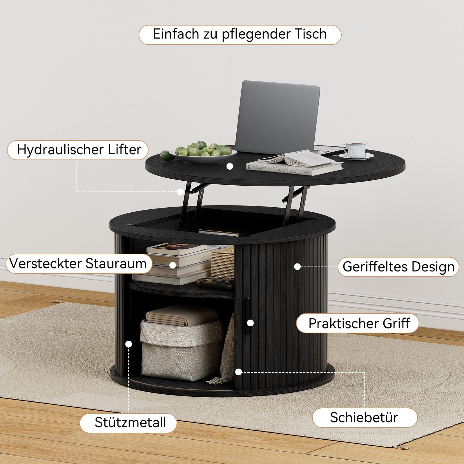 FABATO Couchtisch Runder Couchtisch mit Lift-Funktion & gewelltem Holzdekor (1-St., mit verstecktem Stauraum, offenem Regal), drehbarer Schiebetür als kleiner E – Bild 5 von 5