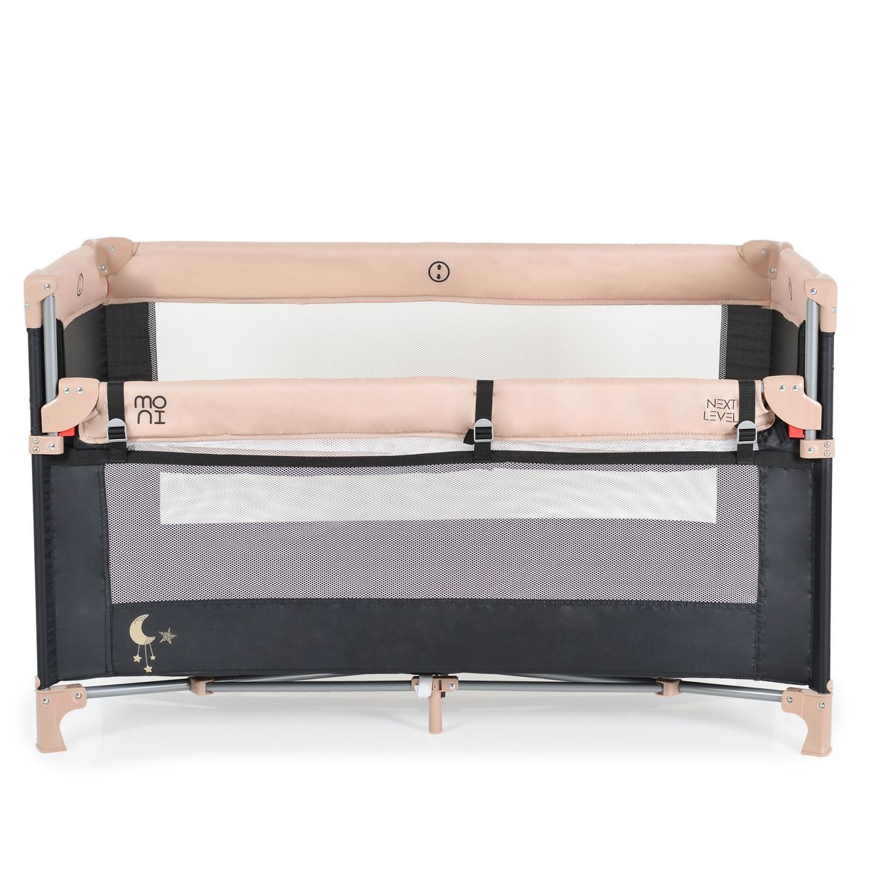 Moni Baby-Reisebett Next Level 2 Ebenen, Beistellbett, klappbare Seite, Faltmatratze, Sichtfenster, Tragetasche