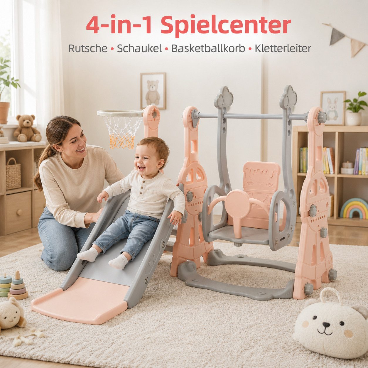 Simurq Rutsche Kinderrutsche 4 in 1 Mit Rutsche,Schaukel,Klettergerüst,Basketballkorb, (kinderrutsche Outdoor, Kinder Rutsche), Kinderrutsche Outdoor Indoor, Fr – Bild 4 von 5