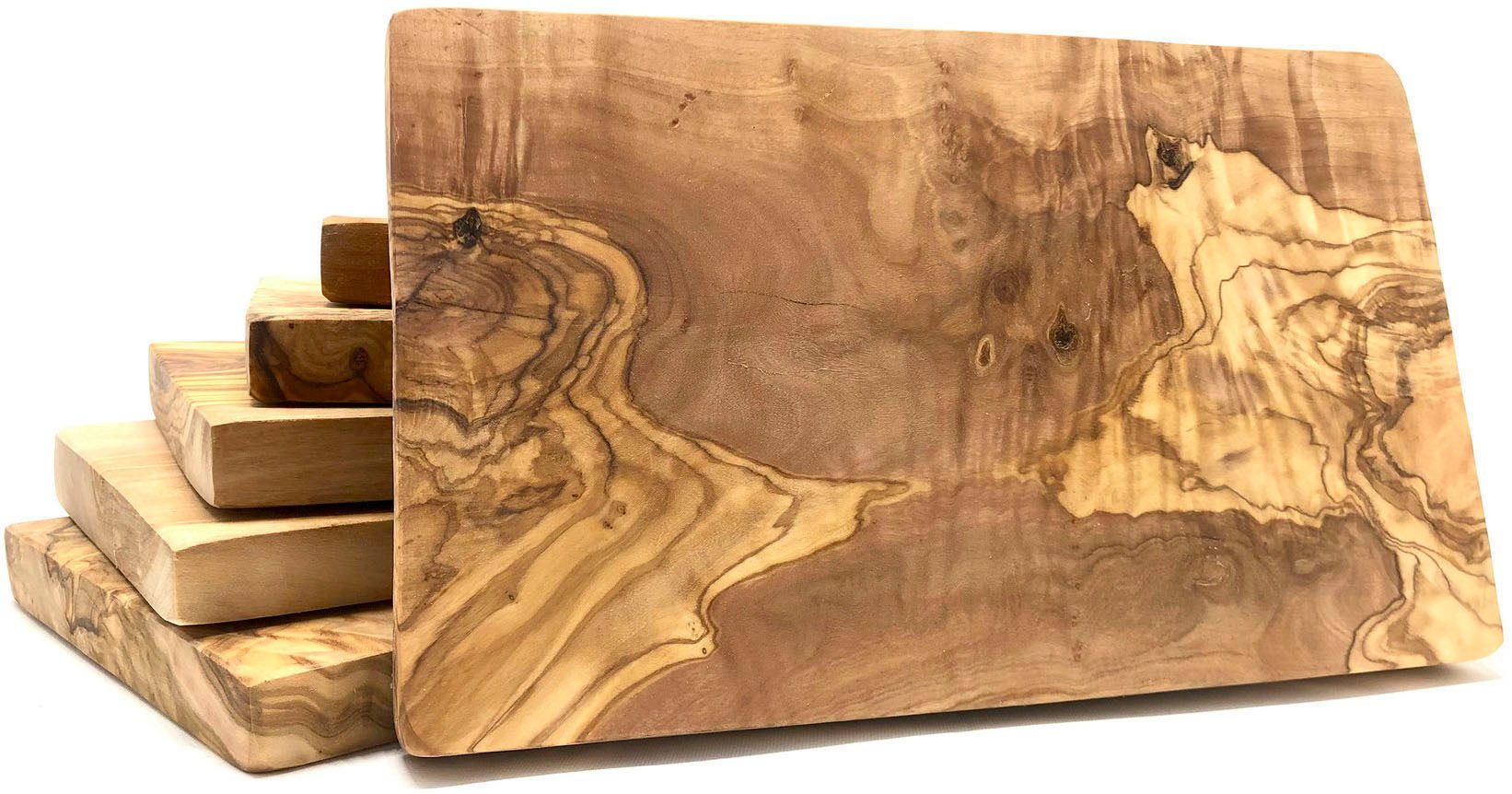 Olivenholz-erleben Frühstücksbrett eckig aus hochwertigem naturbelassenem Olivenholz, Massivholz, (Set, 6-St., 6x Frühstücksbrett eckig), Mediterraner Look, einzigartige Maserung, je Gr. 25x15 cm