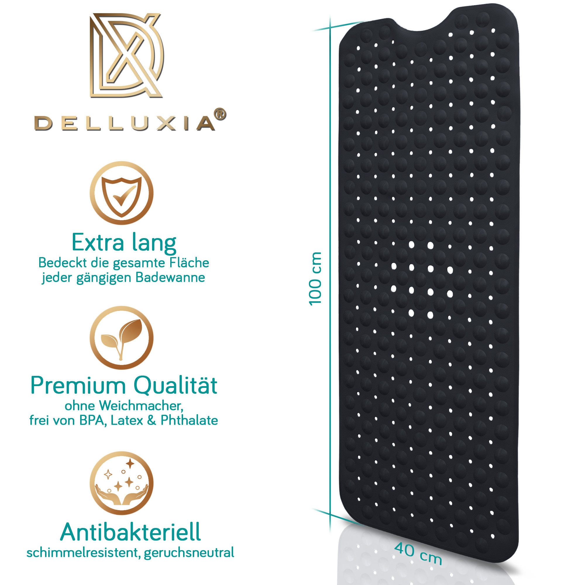 Delluxia Wanneneinlage Badewannenmatte rutschfest für Kinder & Erwachsene, B: 40 cm, L: 100 cm, inkl. Aufhängung, geruchsfrei, schimmelfrei, ohne Weichmacher