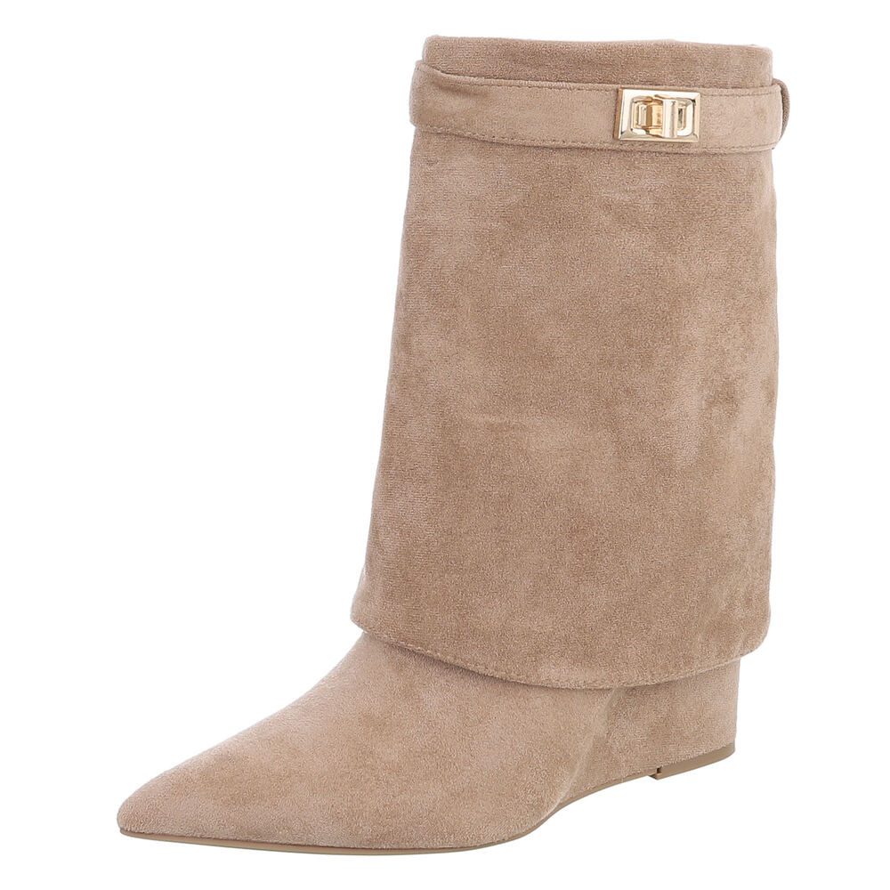 Ital-Design Damen Stiefel mit Umschlag und Schnalle, elegant Keilstiefelette (92269041) Keilabsatz/Wedge Stiefeletten in Hellbraun
