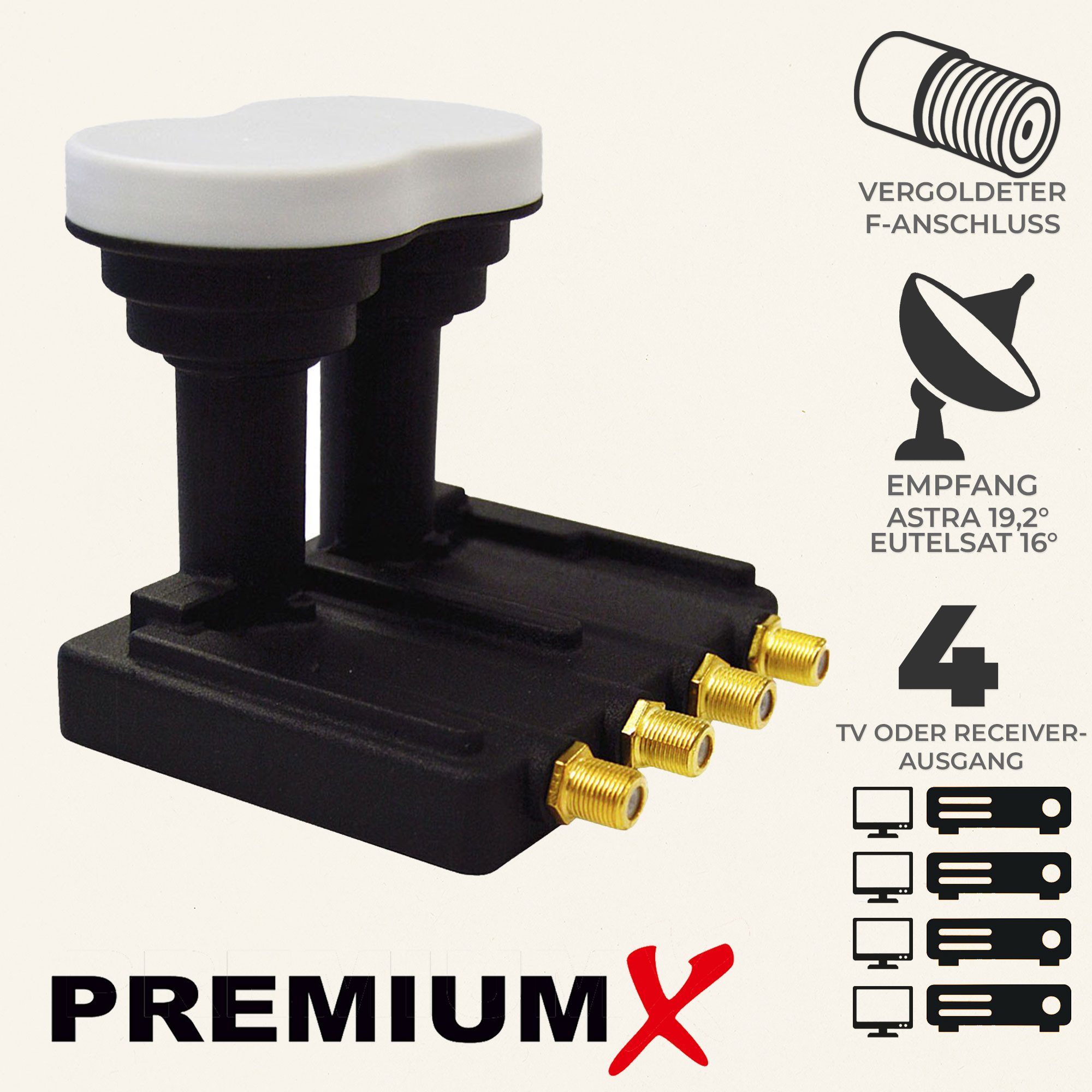 Thumbnail - PremiumX Quad Monoblock LNB 3° PXMB-3Q Sat für 4 Teilnehmer DVB-S2 UHD 4K Monoblock-LNB