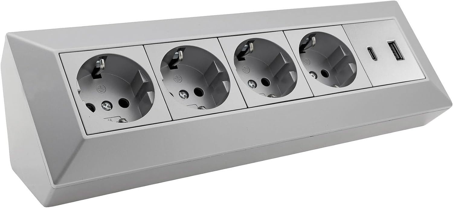 4-fach Steckdosenblock, USB-A+C, silber 250V~/ 16A, Aufbaumontage, Mehrfachsteckdose