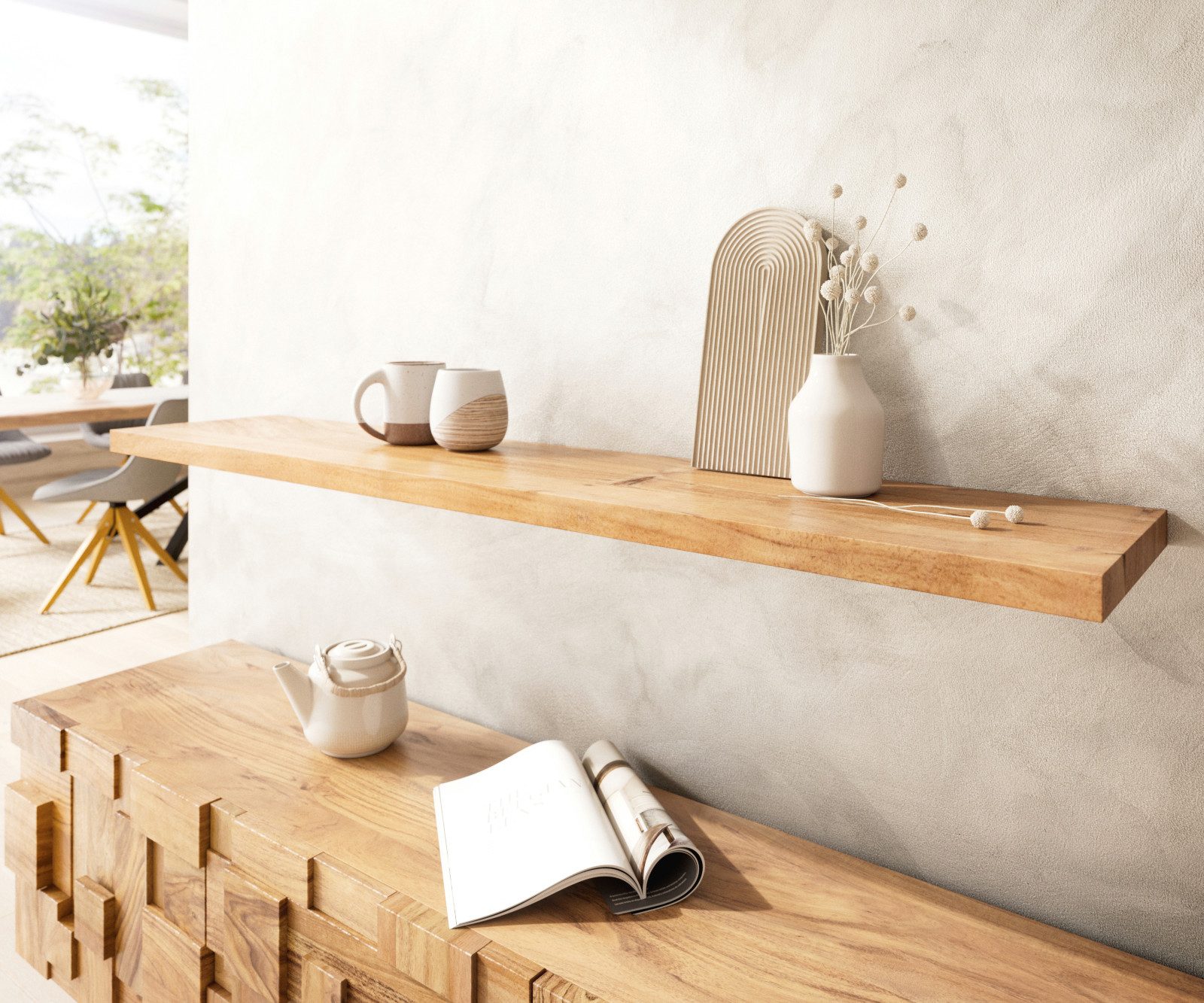 DELIFE Wandregal Edge, Akazie Natur 145 cm Massivholz gerade Kante Wandrega günstig online kaufen