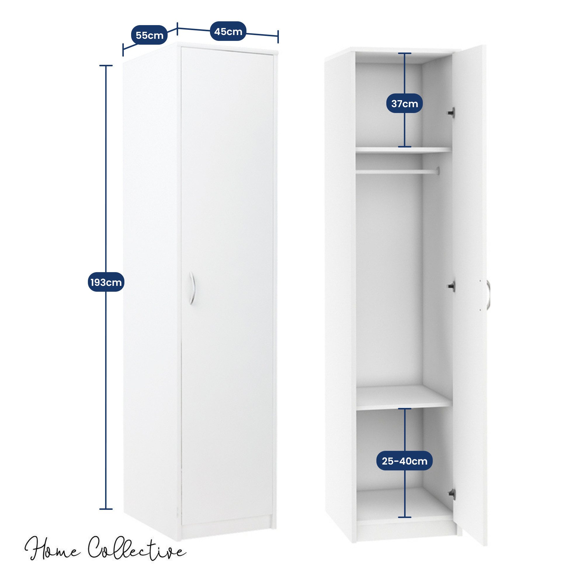 Home Collective Garderobenschrank Kleiderschrank mit 1 Tür, 1 Kleiderstange und 2 Einlegeböden 40 cm breit Schrank schmal matte Oberfläche weiß