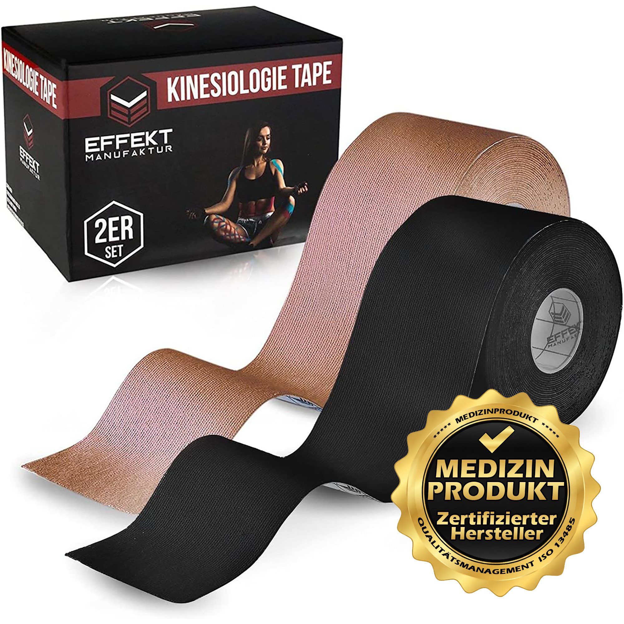 Effekt Manufaktur Kinesiologie-Tape - 2 Rollen – 500 x 5 cm – in schwarz und beige (2-St) 50-60 % Dehnbarkeit