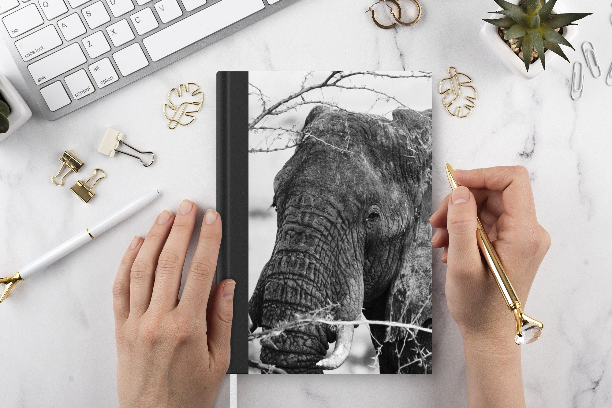 Natur Notizheft, Tiere Journal, - und Merkzettel, Seiten, Tagebuch, MuchoWow Elefant A5, weiß, Schwarz 98 Äste - Haushaltsbuch Notizbuch - -