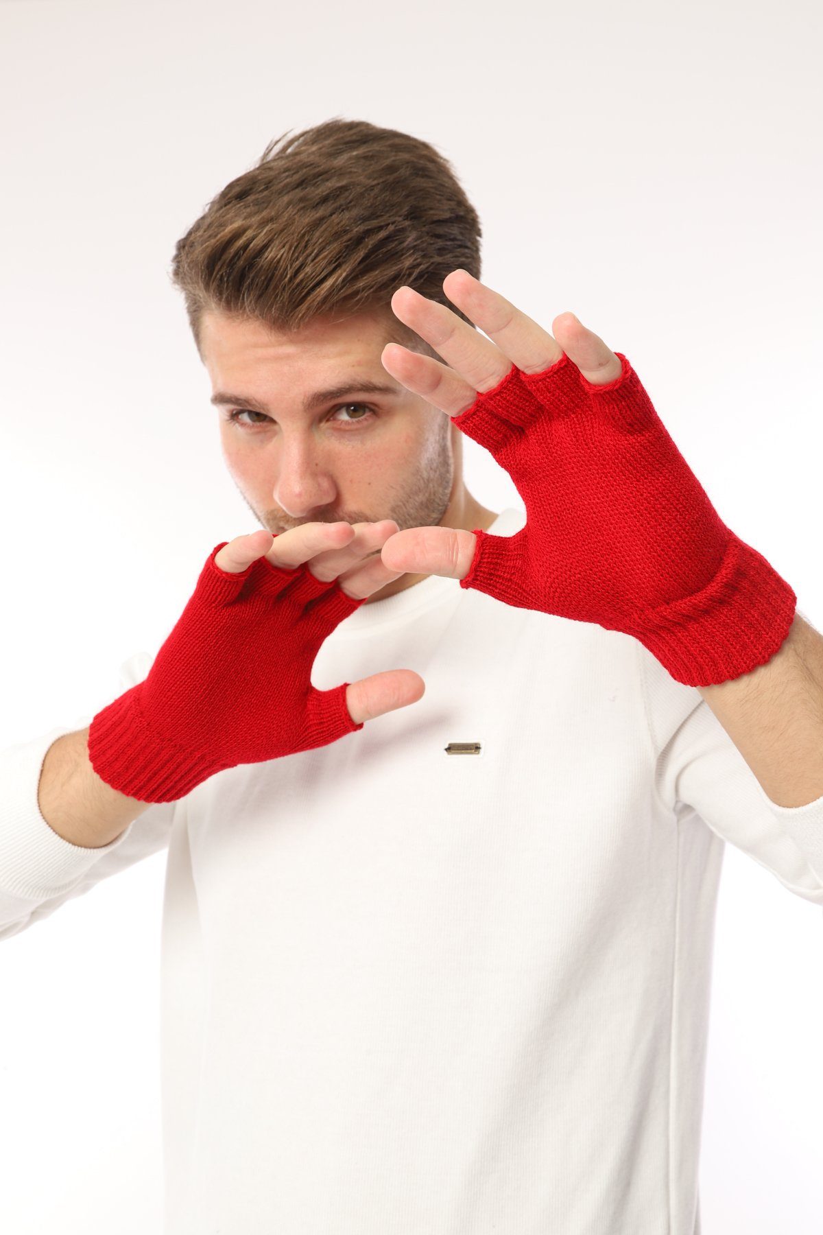 Strickhandschuhe Herren herémood Rot Rippstrick Damen fingerlose Halbfinger Winterhandschuhe