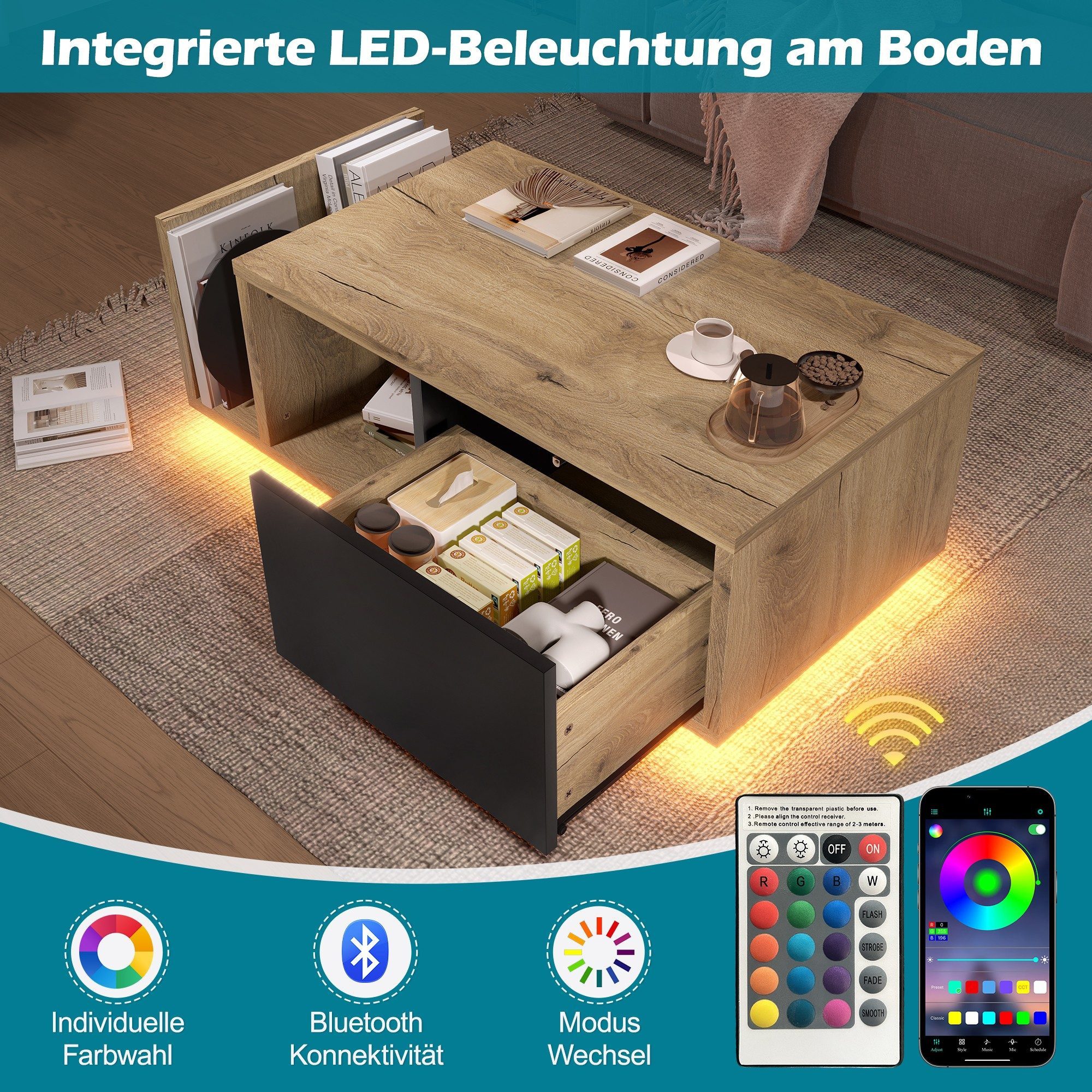 LVHOM Couchtisch Retro Sideboard mit LED & Cleverem Stauraum // Holz-Metall-Design (Stauraum (offenes Fach + Schublade + Trennstege), LED-Steuerung für atmosphä – Bild 4 von 5