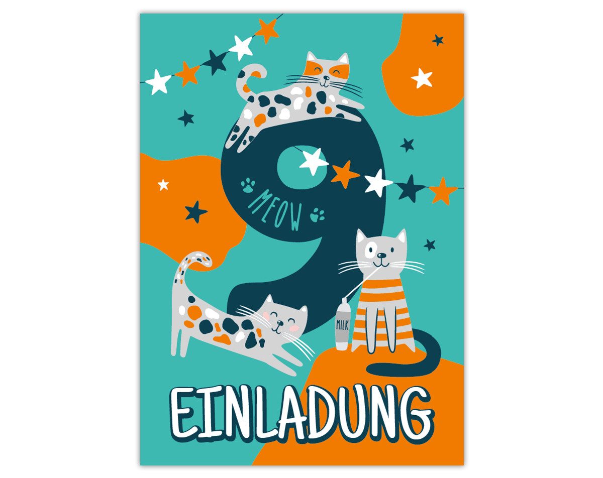 Einladungskarten Katzen Einladungen zum 9. Kindergeburtstag Katze Karten Mädchen blau