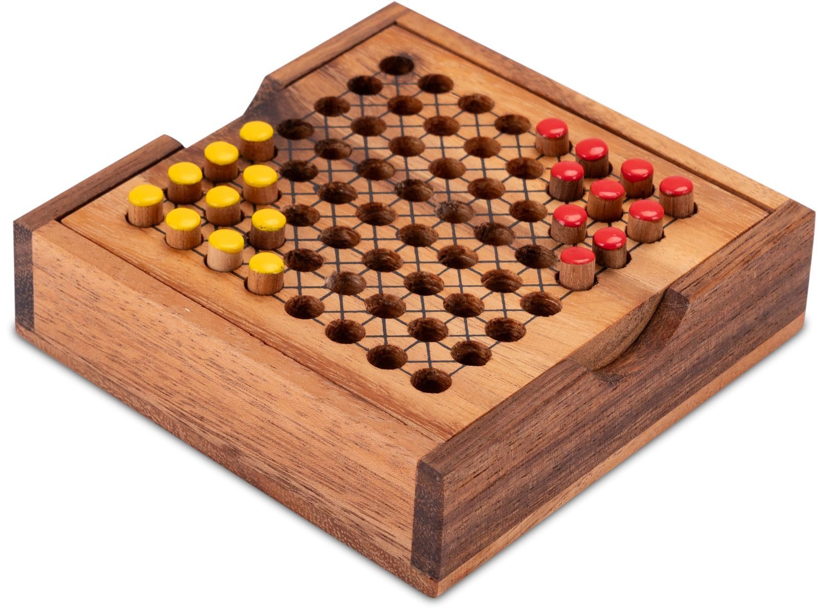 LOGOPLAY Spiel Halma Reisevariante Gelb Rot, Gesellschaftsspiel, Halma Reisespiel klassisches Strategiespiel im Mini-Holzkasten für 2