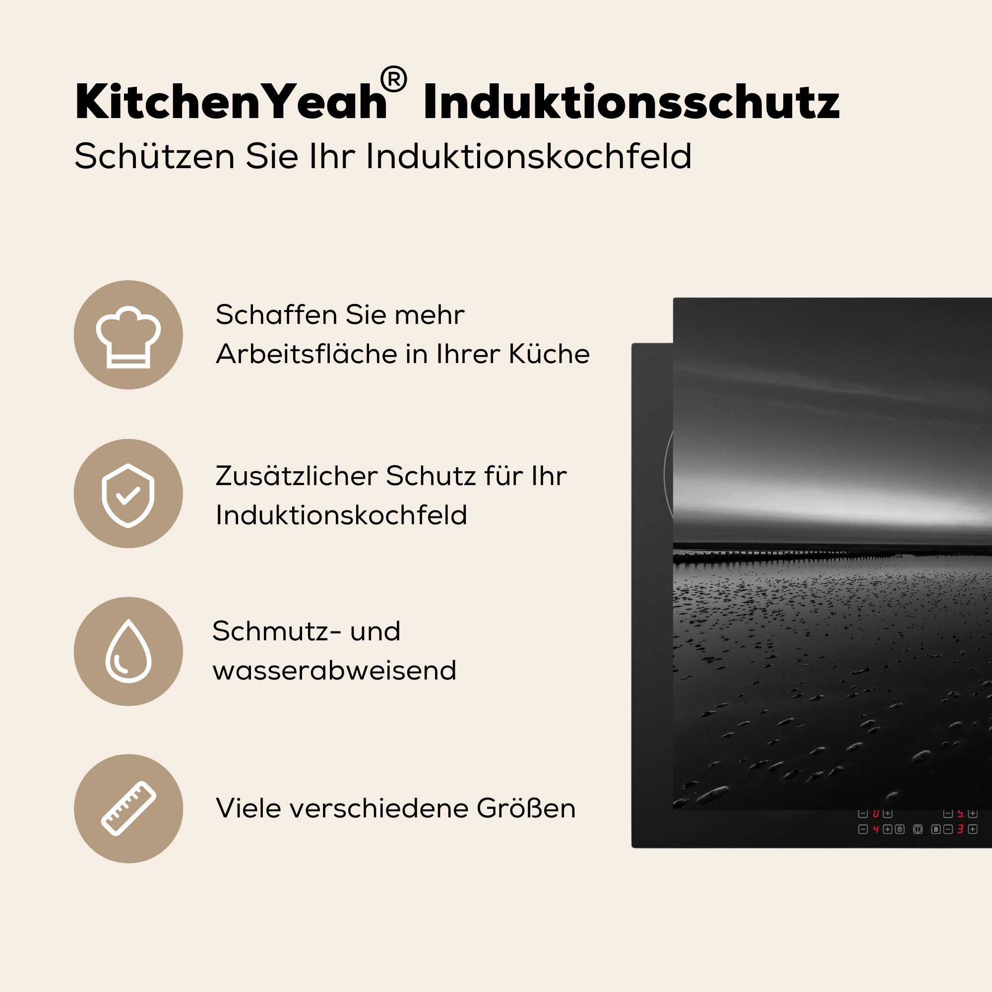 - küche, (1 Vinyl, die Leuchtturm Schutz Herdblende-/Abdeckplatte tlg), Ceranfeldabdeckung - für Schwarz Weiß, cm, Induktionskochfeld MuchoWow Wattenmeer - 81x52
