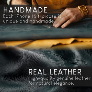 Nalia Flip Case Apple iPhone 15 Pro Max, Echt Leder Etui / Standfunktion Kickstand / RFID Schutz Handyhülle