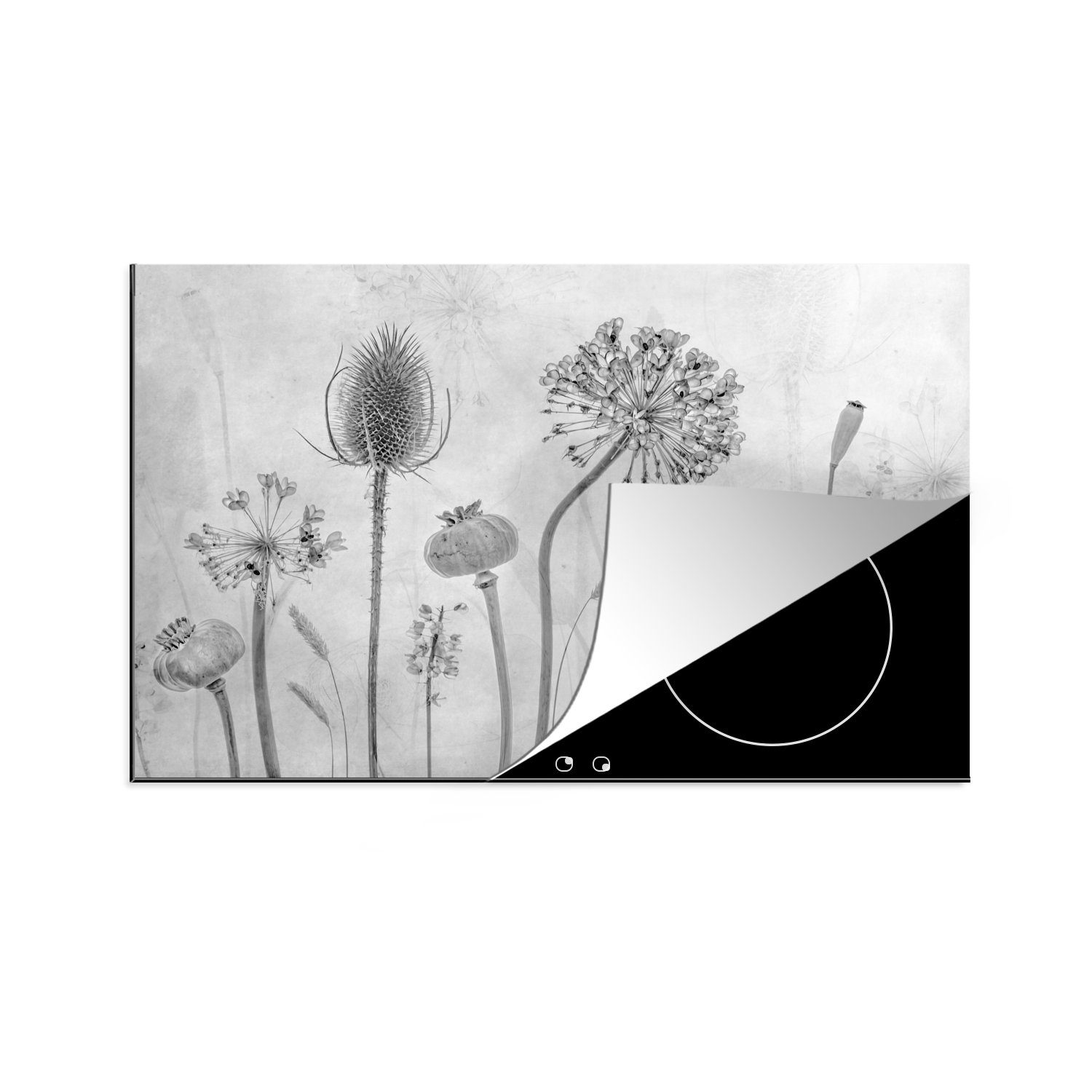 MuchoWow Herdblende-/Abdeckplatte Stilleben - Schwarz - Weiß - Ölfarbe, Vinyl, (1 tlg), 81x52 cm, Induktionskochfeld Schutz für die küche, Ceranfeldabdeckung