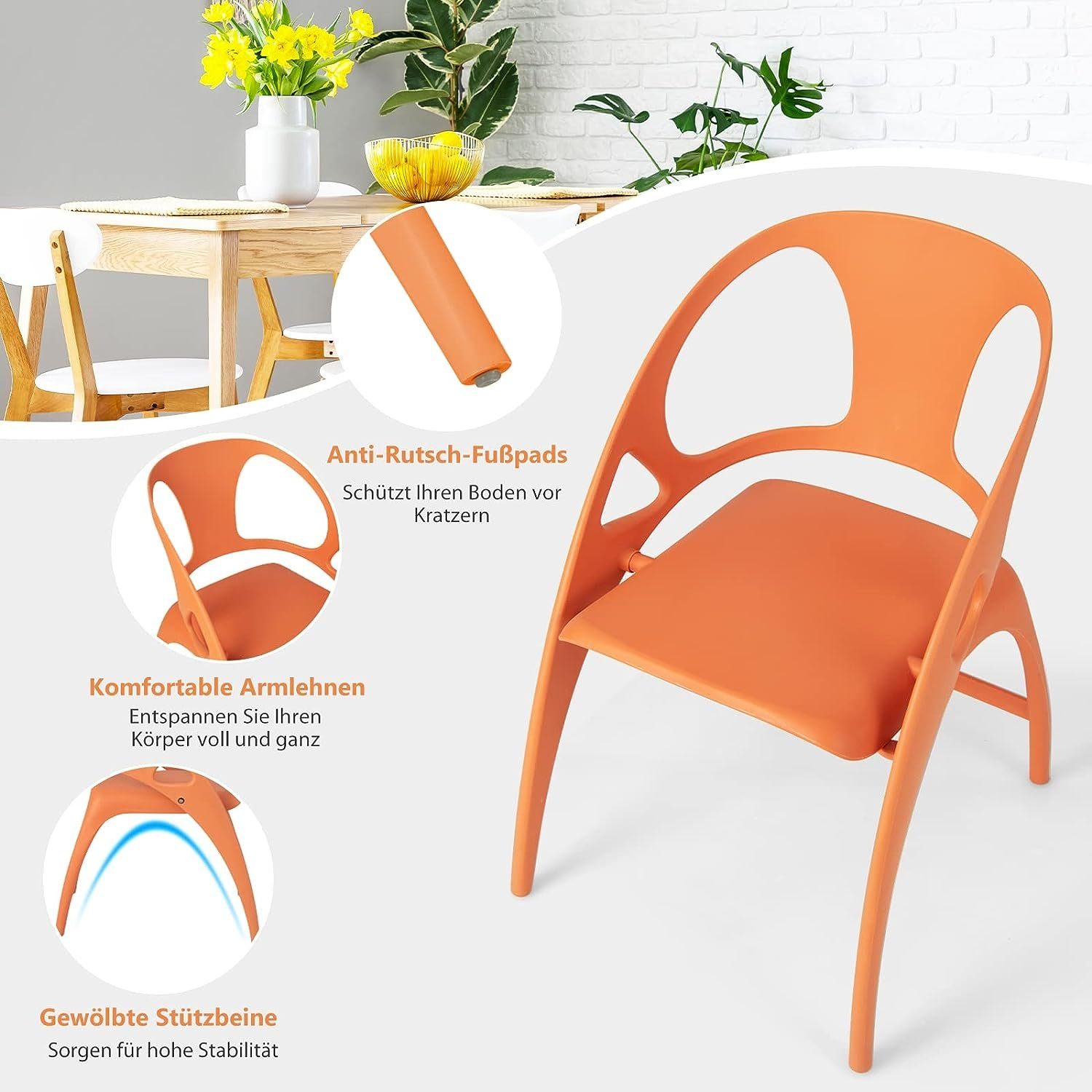 KOMFOTTEU Belastbar orange Gartenstuhl mit 150kg (2er-Set), Kunststoffstuhl Rückenlehne,