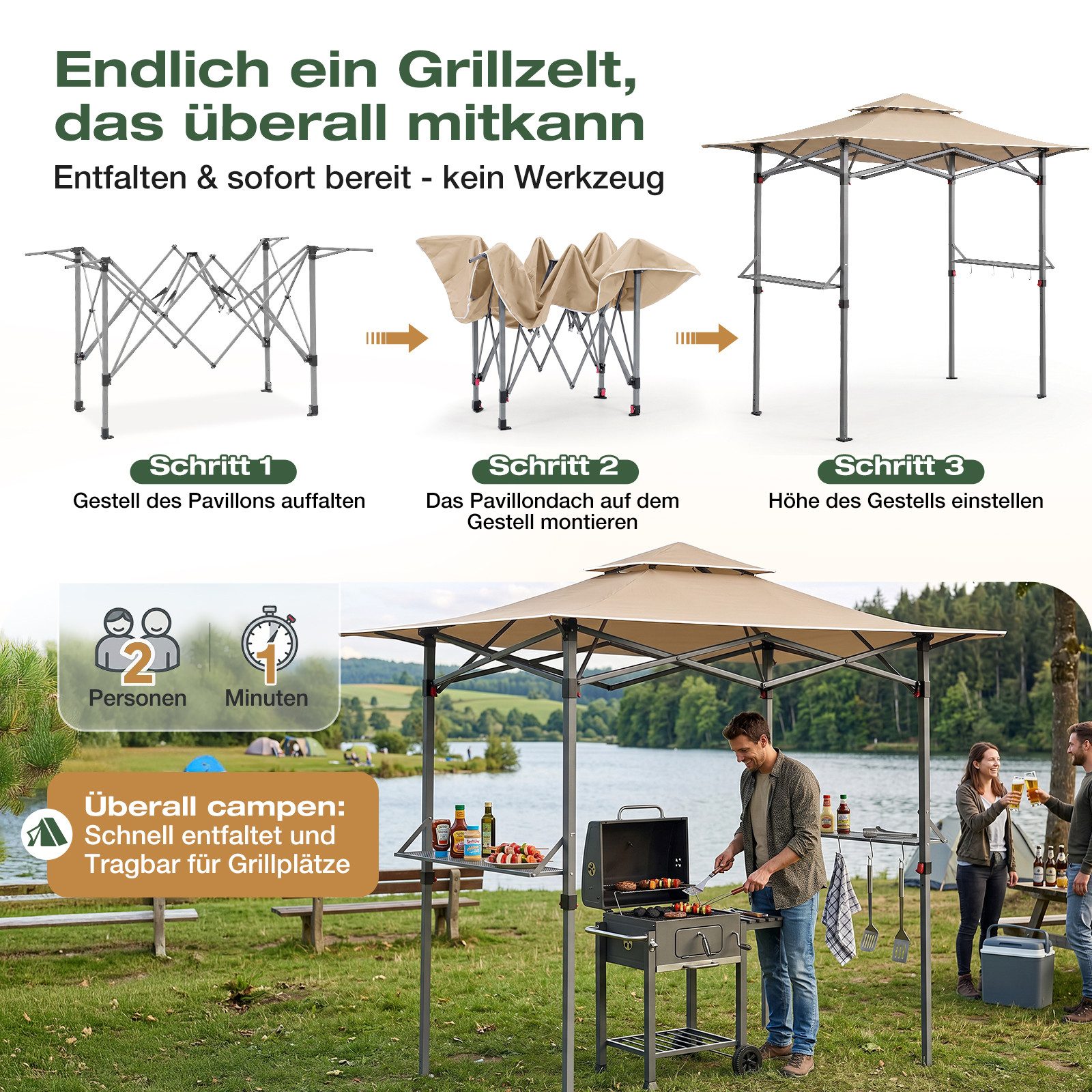 Sekey Grillpavillon 245 x 150 cm BBQ Pavillion Grillzelt Gartenzelt Winterfest Wasserdicht, 250 x 150 cm, Doppelschichtdach, Ablage mit Haken, UV-Schutz 50+