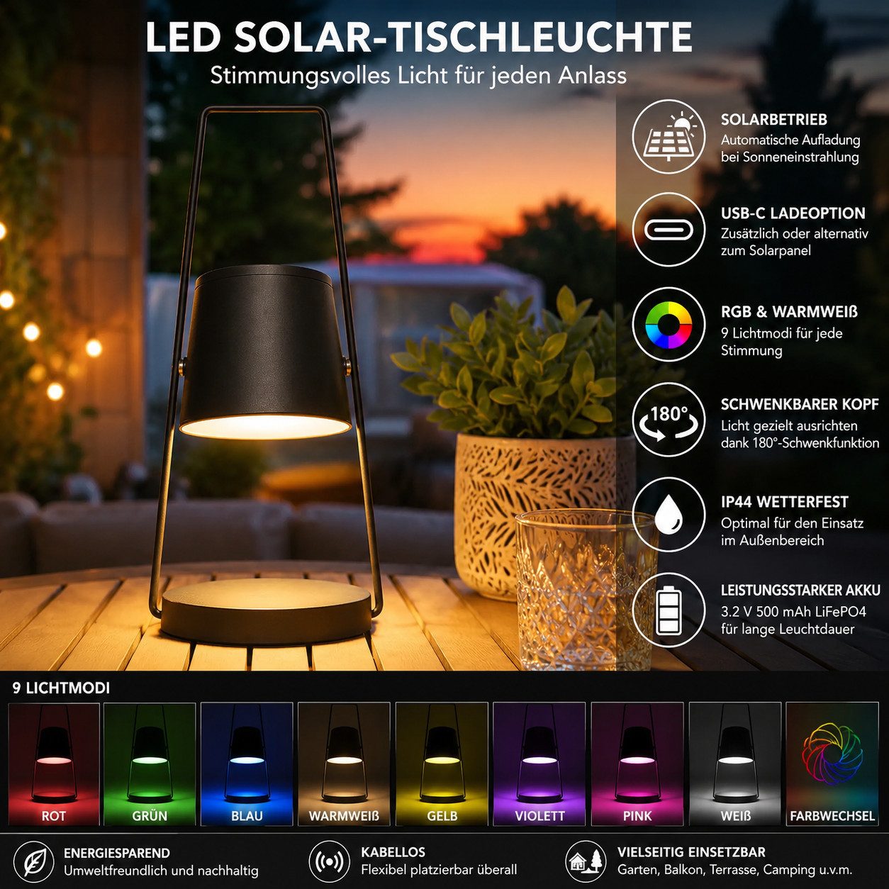 GiglioCollection LED Solarleuchte LED Solar-Tischleuchte schwenkbar IP44 wetterfest Garten & Terrasse, LED fest integriert, Rot, Grün, Blau, Warmweiß, Gelb, Violett, Pink, Weiß