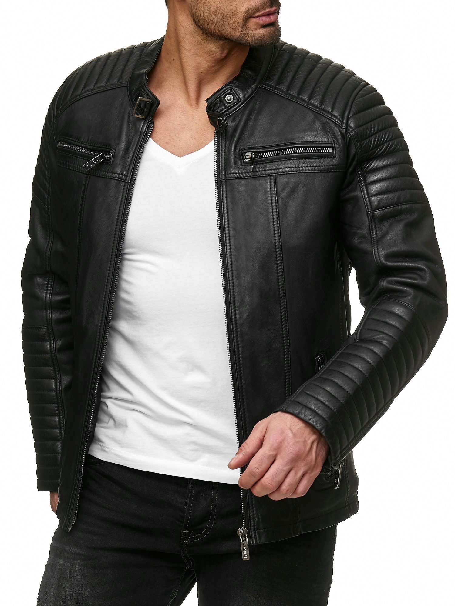 Lederimitatjacke mit gesteppten Schulterdetails im Bikerstil