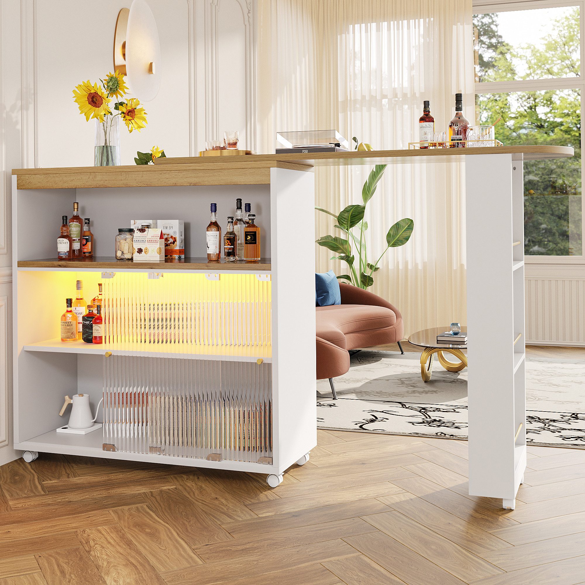 Rutaqian Bistrotisch Ausziehbarer Bartisch mit Stauraum, Moderner Beweglicher Bar Table (1-St., Stehtisch Bistrotisch Hochtisch Kücheninsel Bistro Table), Teleskopischer Bartisch mit LED, Großer Stauraum,Weiß 138-204×39×105cm