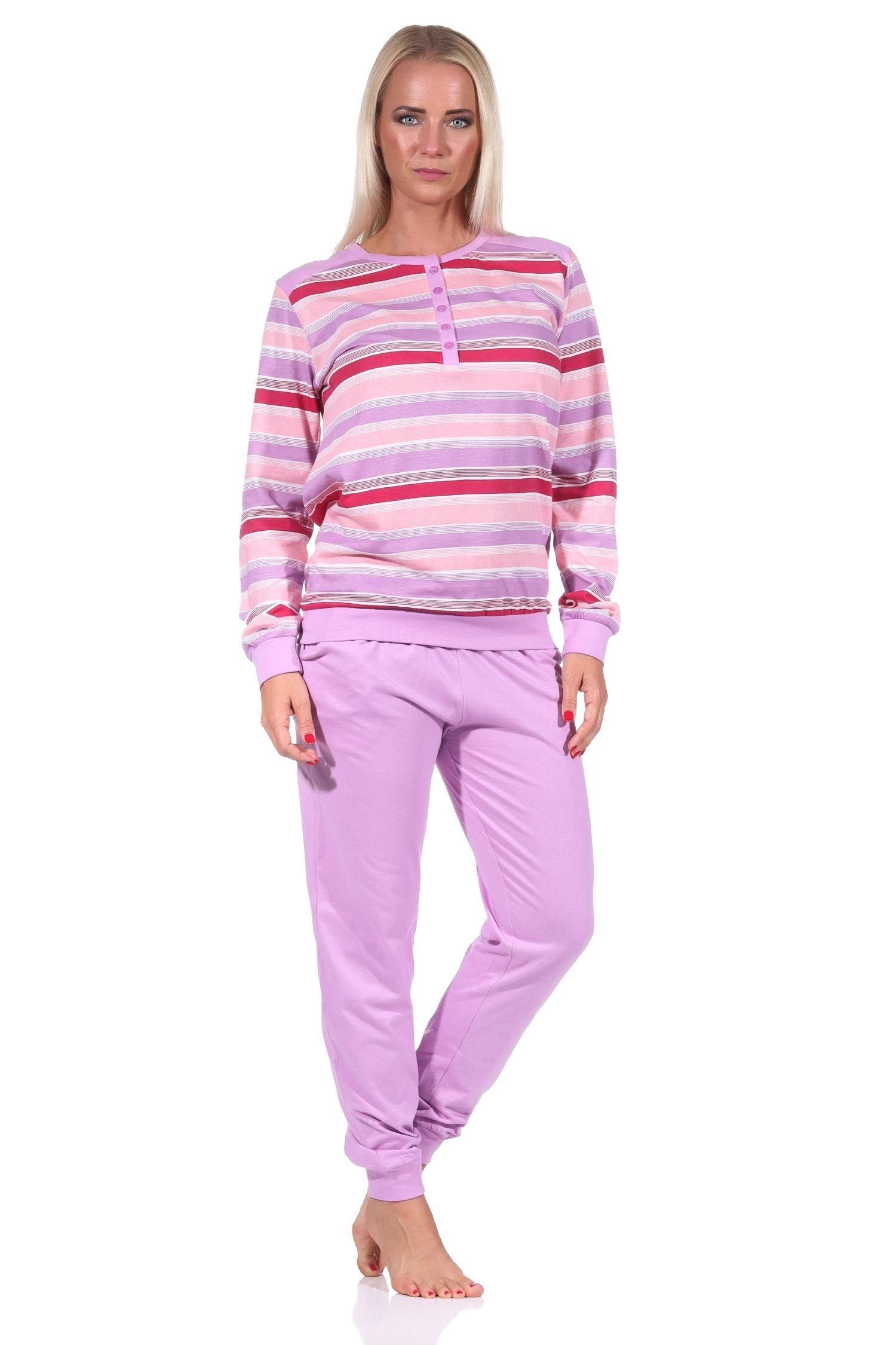 Pyjama Übergröße Damen Schlafanzug Normann geringeltes mit - Bündchen, Top in auch