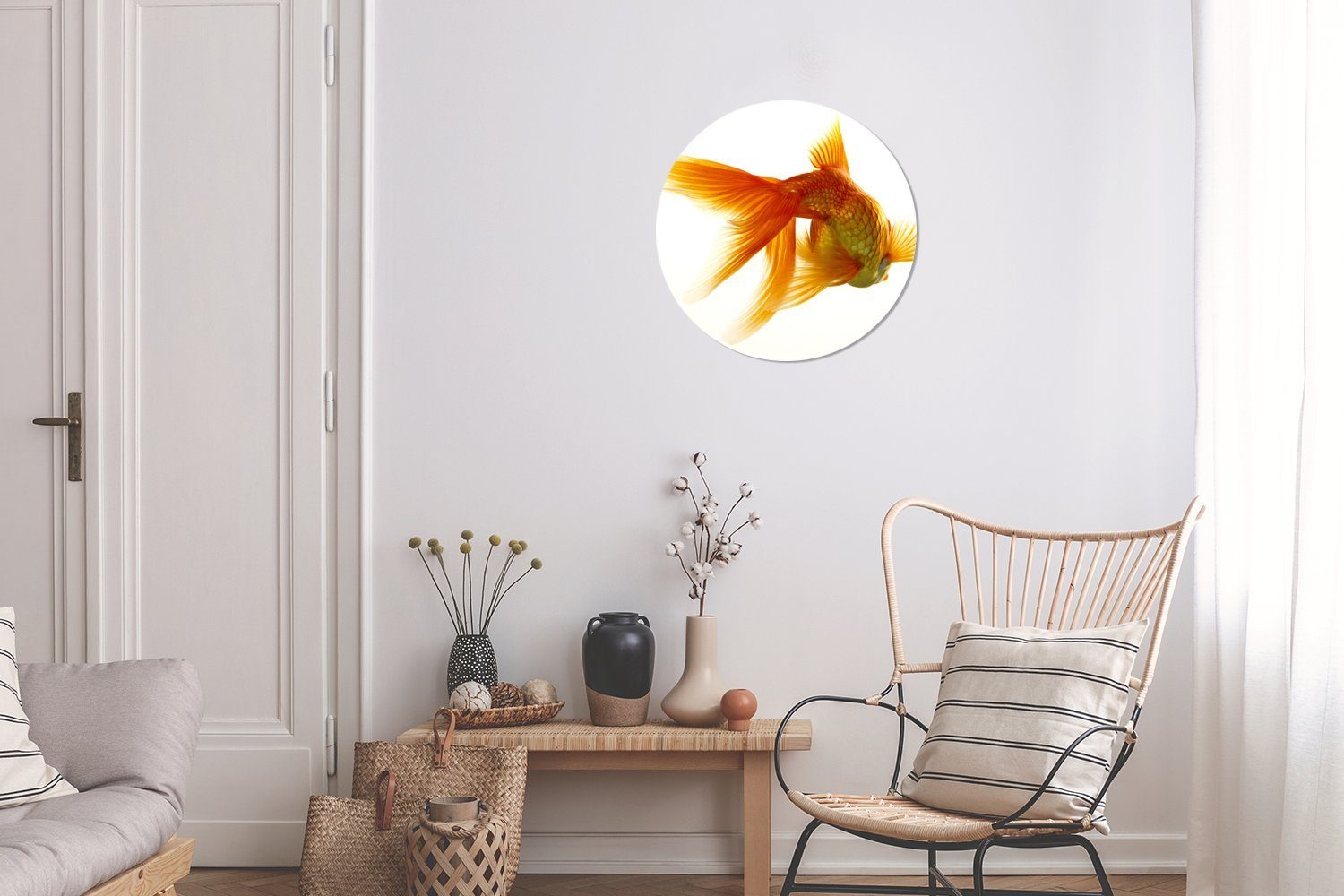 Kreis Wanddekoration MuchoWow - - Gemälde Meerestiere Weiß, Rundes Goldfisch Wandbild, cm 30x30 St), Wohnzimmer, Forex, (1