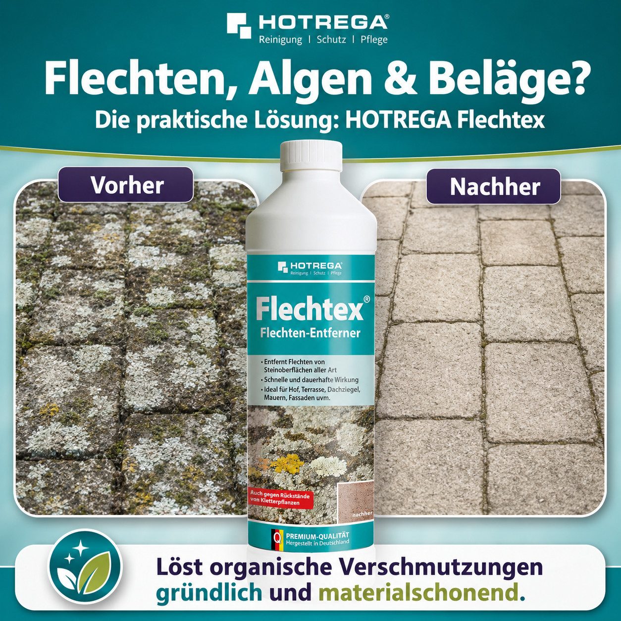 HOTREGA® Flechtex Flechten Entferner Steinreiniger Flechtenentferner Algen 1L Grünbelagentferner