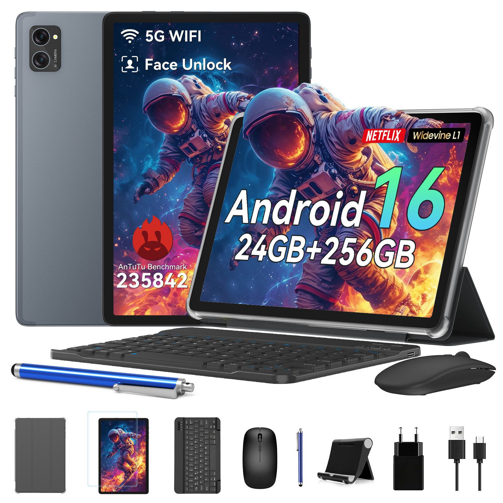BESTTAB 10" Android 16 Set WiFi 256GB Tablet (10", 256 GB, Android 16, Android 16, mit Stift/Maus/Tastatur, Gemini Al)