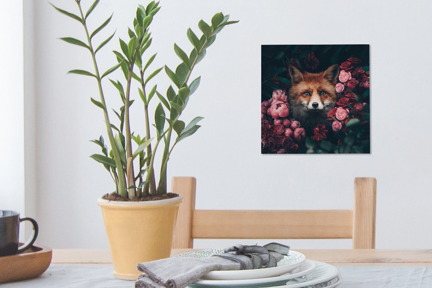 Bilder OneMillionCanvasses® Wohnzimmer (1 - Fuchs für - Tiere, bunt Blumen St), Schlafzimmer Leinwandbild Leinwand