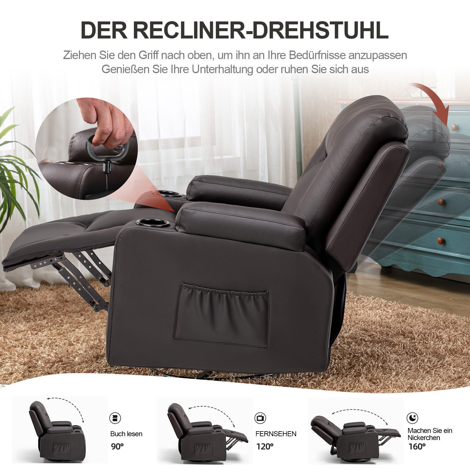 COMHOMA Relaxsessel TV-Sessel aus Stoff/Kunstleder mit Liegefunktion Fernsehsessel (Relaxsessel mit Liegefunktion), mit Wippfunktion und Relaxfunktion